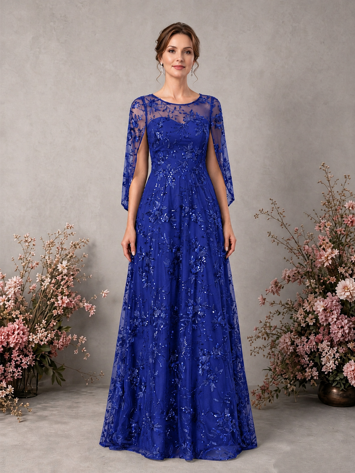 BOLODOO Royal Blue Sequin Lace Cape Sleeve Formal Evening Gown - Royal Blue - Royal Blue_1