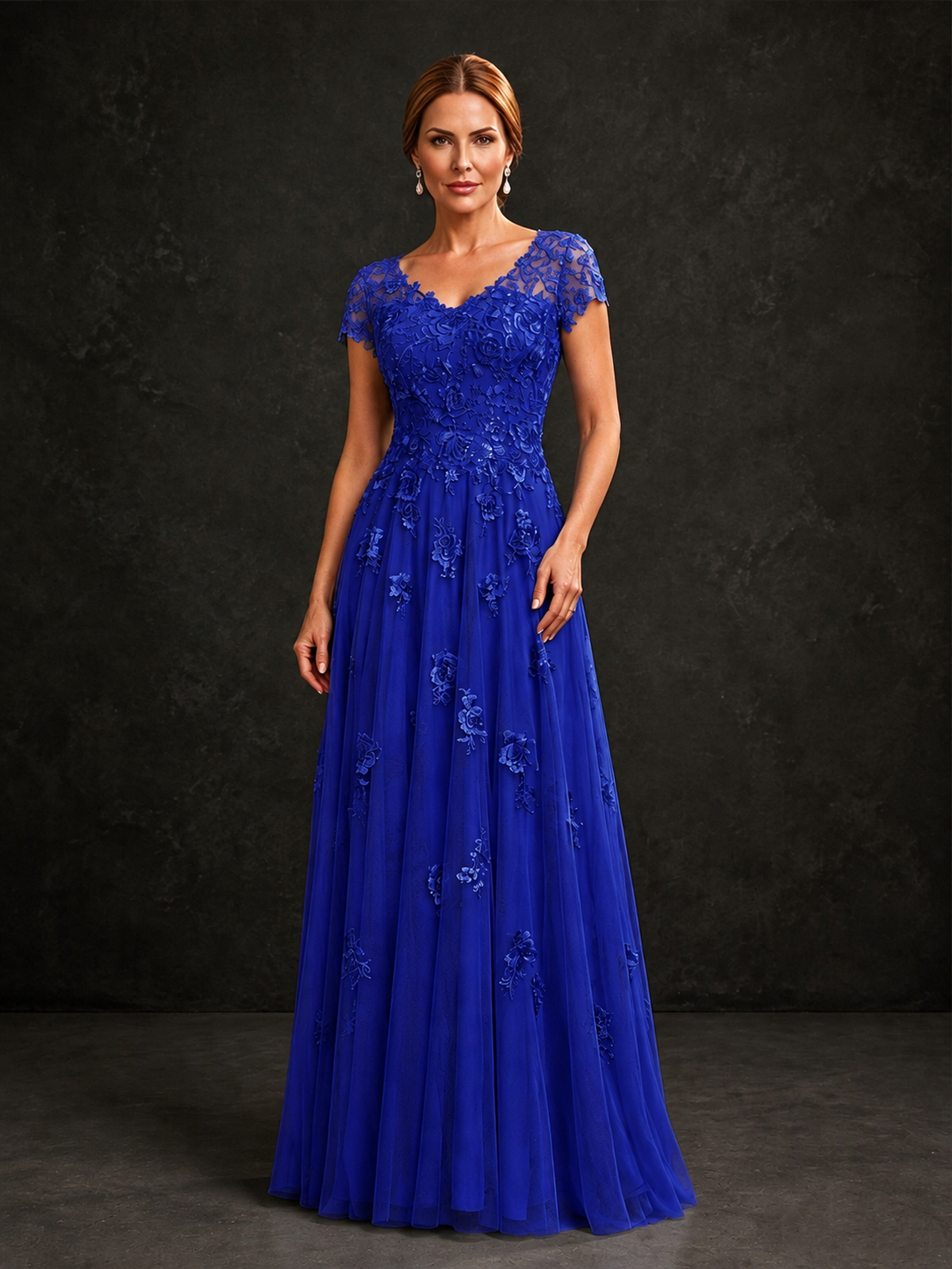 BOLODOO Royal Blue Cap Sleeve Lace Appliqué A-Line Formal Gown | Mother of the Bride Dress - Royal Blue - Royal Blue_1