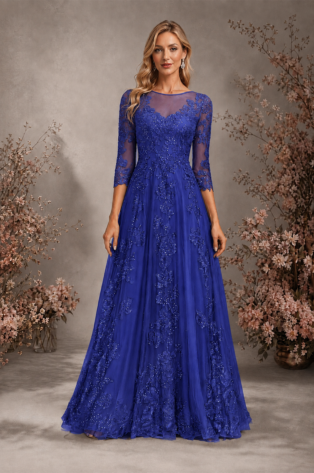 BOLODOO Royal Blue Sequin Lace 3/4 Sleeve Open Back Formal Evening Gown - Royal Blue
