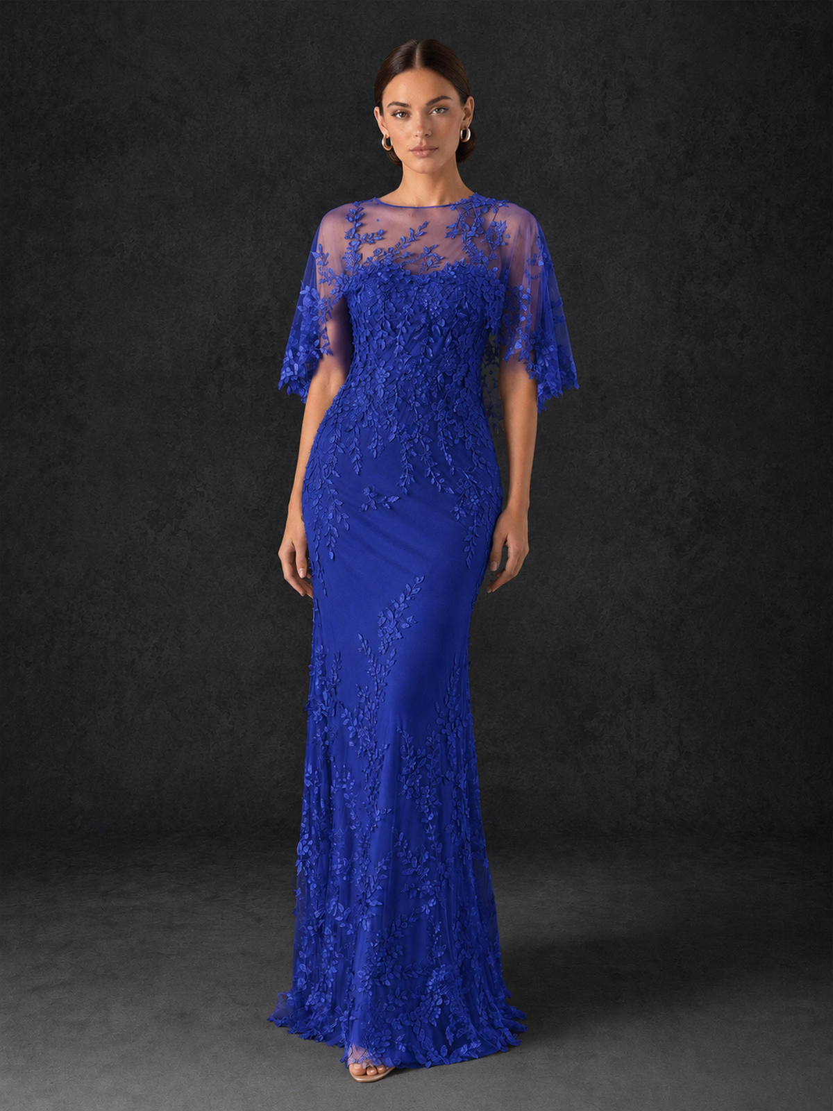 BOLODOO Mocha Royal Blue Botanical Lace Flutter Sleeve Mermaid Gown - Royal Blue