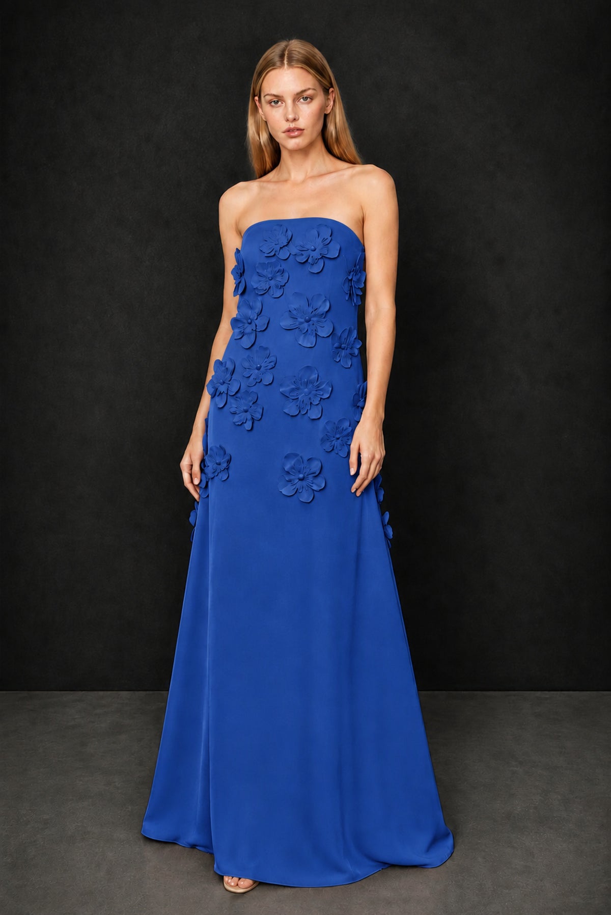 BOLODOO Royal Blue Strapless 3D Floral Appliqué Crepe Maxi Gown - Royal Blue