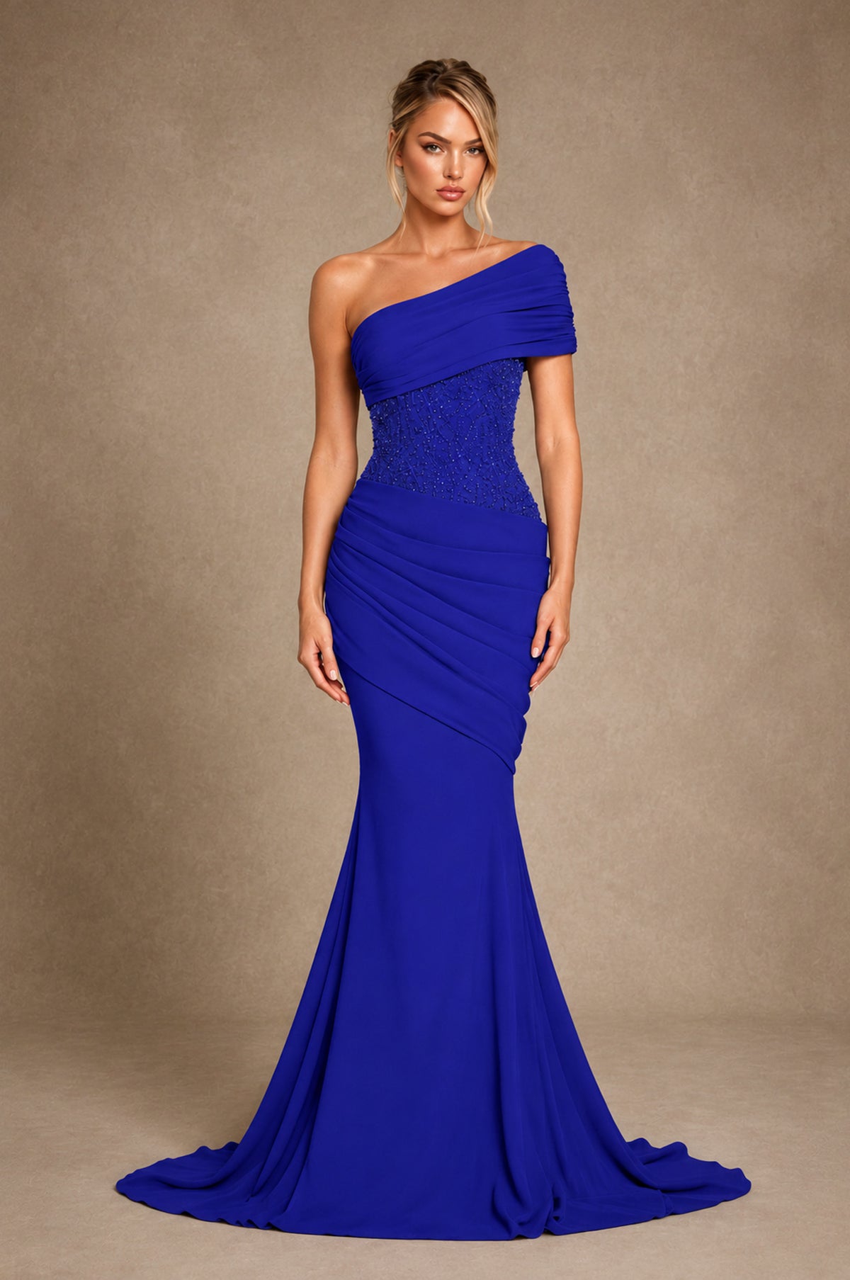 BOLODOO Royal Blue One-Shoulder Sequin Embroidered Ruched Mermaid Gown with Train - Royal Blue - Royal Blue_1