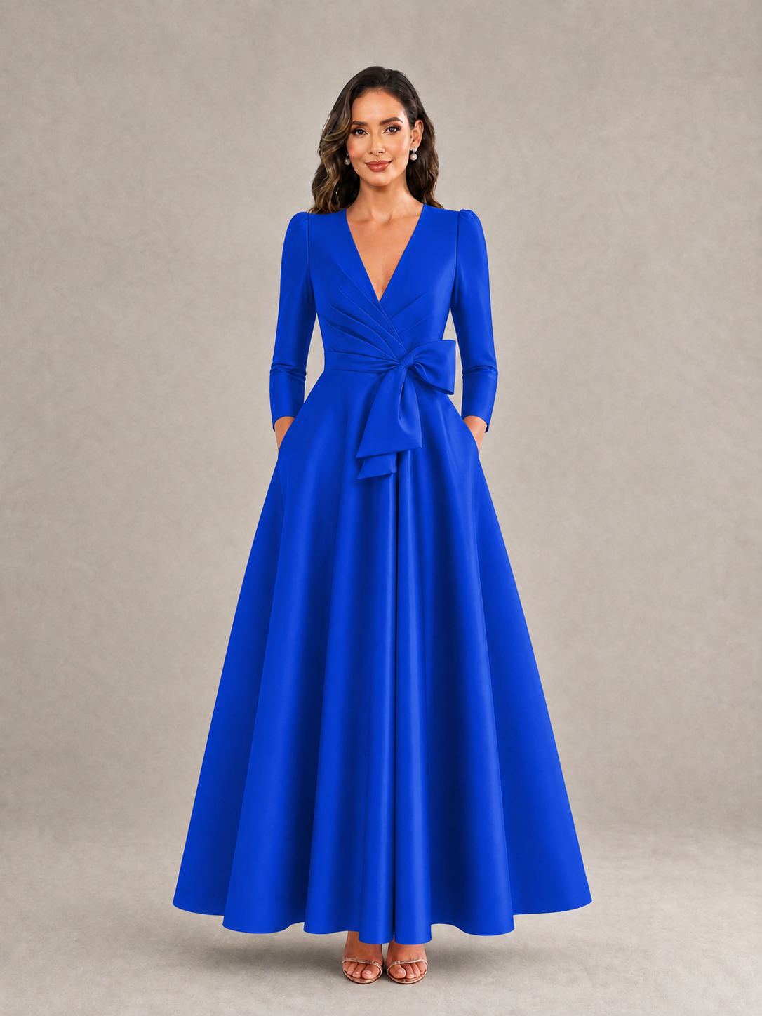 BOLODOO Royal Blue Satin Deep V-Neck Wrap 3/4 Puff Sleeve A-Line Ball Gown Maxi Dress with Oversized Bow Belt - Royal Blue