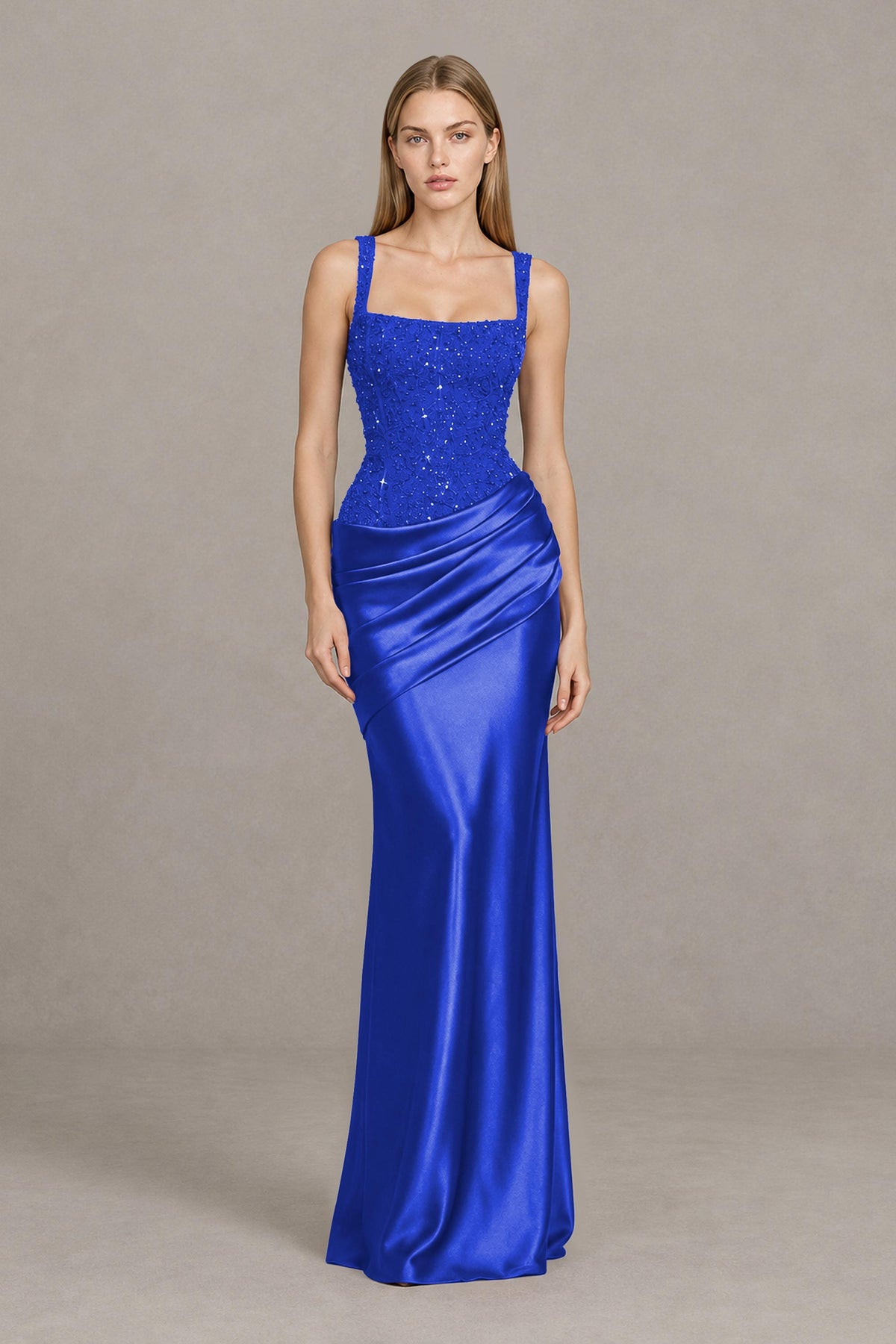 BOLODOO Royal Blue Square Neck Embellished Satin Evening Gown - Royal Blue