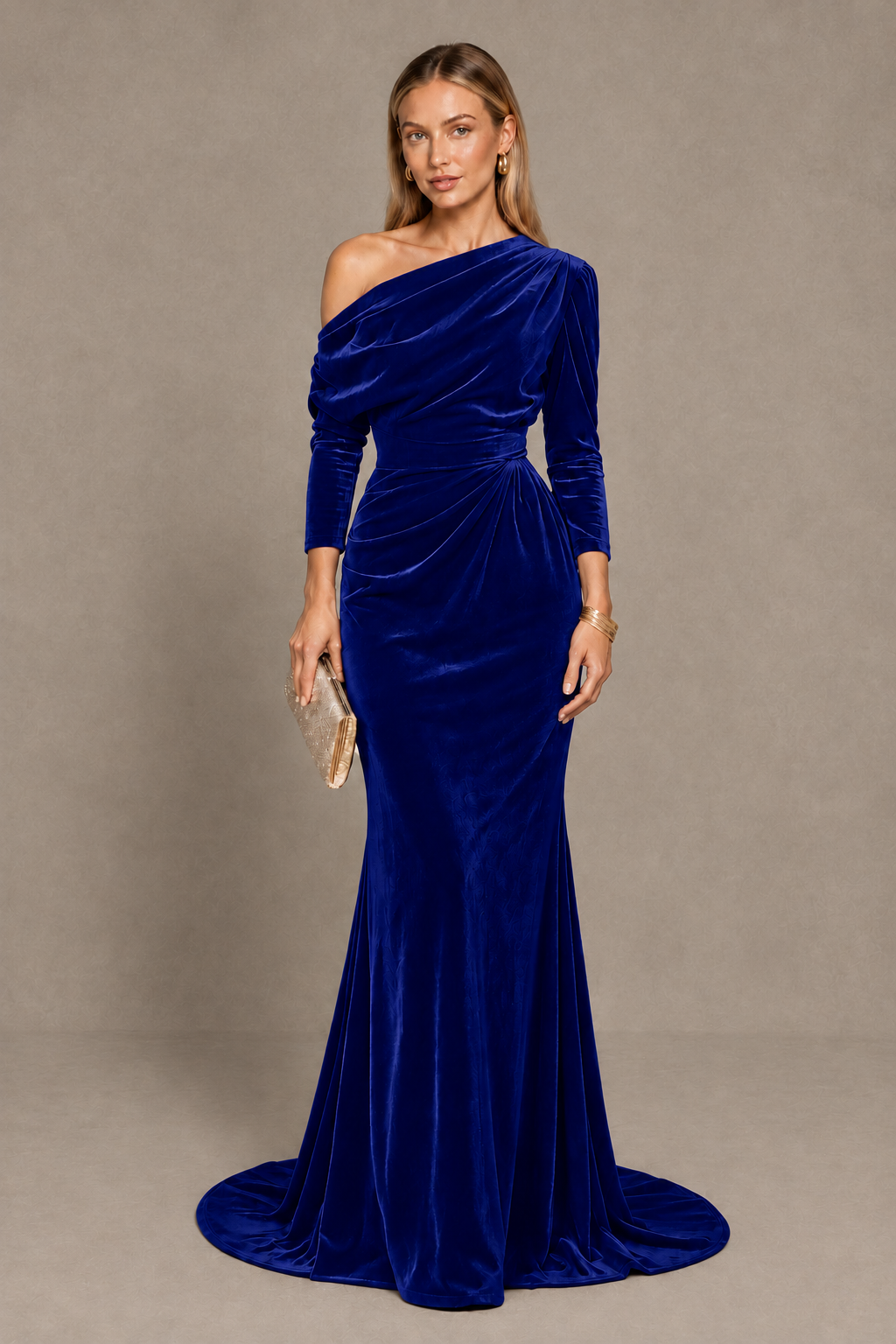 BOLODOO Royal Blue Velvet Asymmetric Neck Mermaid Evening Dress - Royal Blue - Royal Blue_1