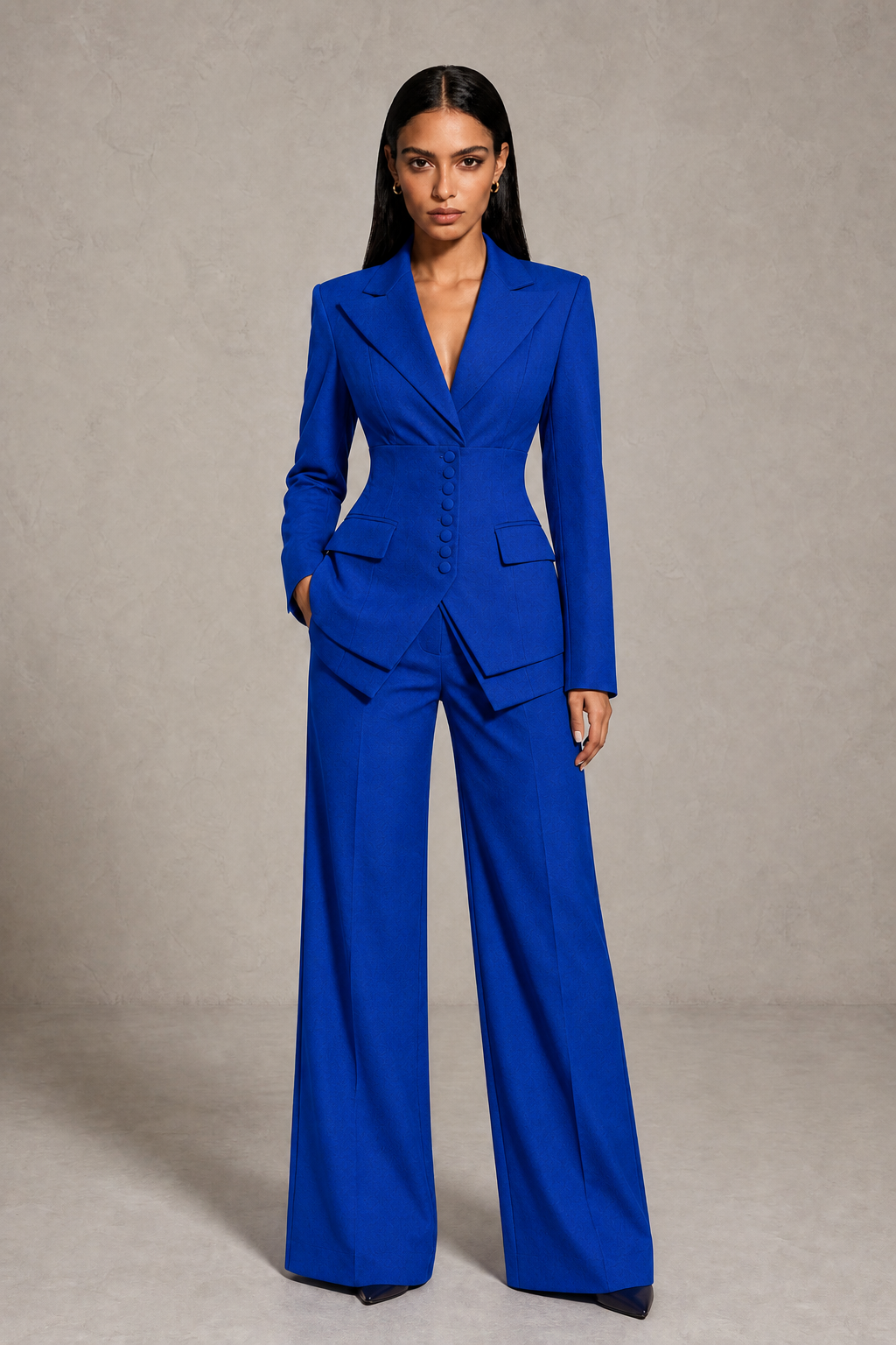BOLODOO Royal Blue Cinched Waist Blazer and Wide Leg Pants Two Piece Suit Set - Royal Blue