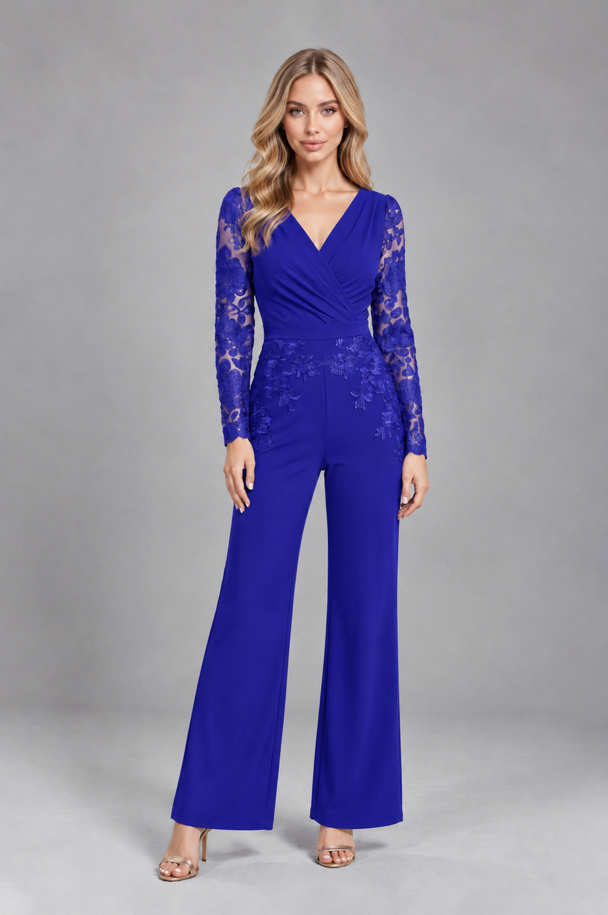 BOLODOO Royal Blue Lace Long-Sleeve V-Neck Mother Pant Suit - Royal Blue - Royal Blue_1