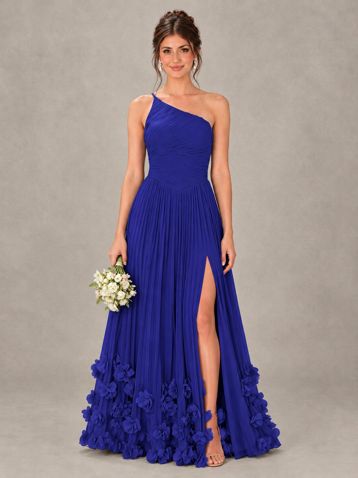 BOLODOO Royal Blue One-Shoulder Pleated Bridesmaid Dress with 3D Floral Hem - Royal Blue - Royal Blue_1