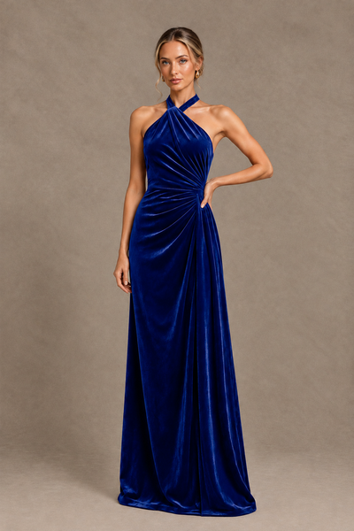 BOLODOO Royal Blue Velvet Halter Open-Back Ruched Evening Dress - Royal Blue - Royal Blue_1