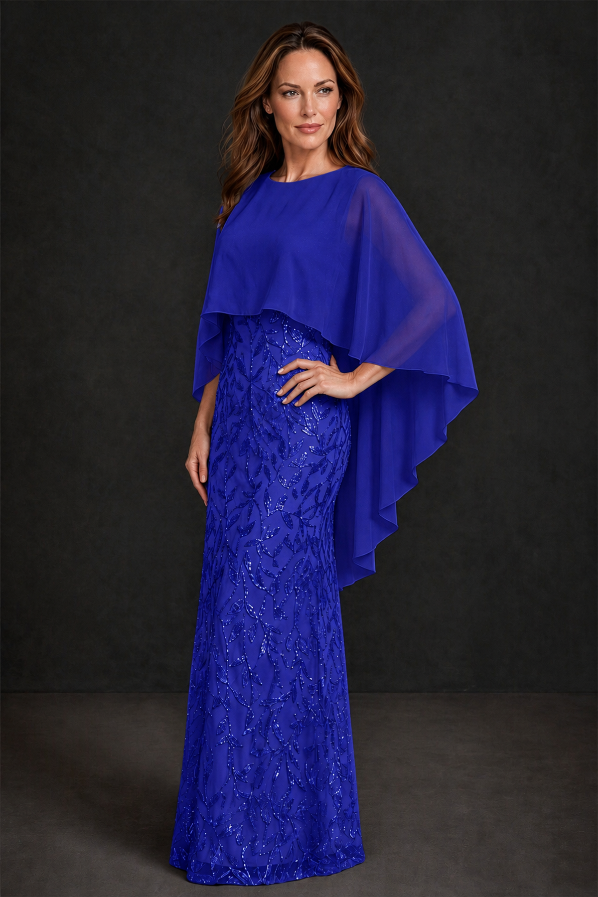BOLODOO Royal Blue Round Neck Chiffon Cape Overlay Sequin Lace Mermaid Maxi Dress - Royal Blue - Royal Blue_1
