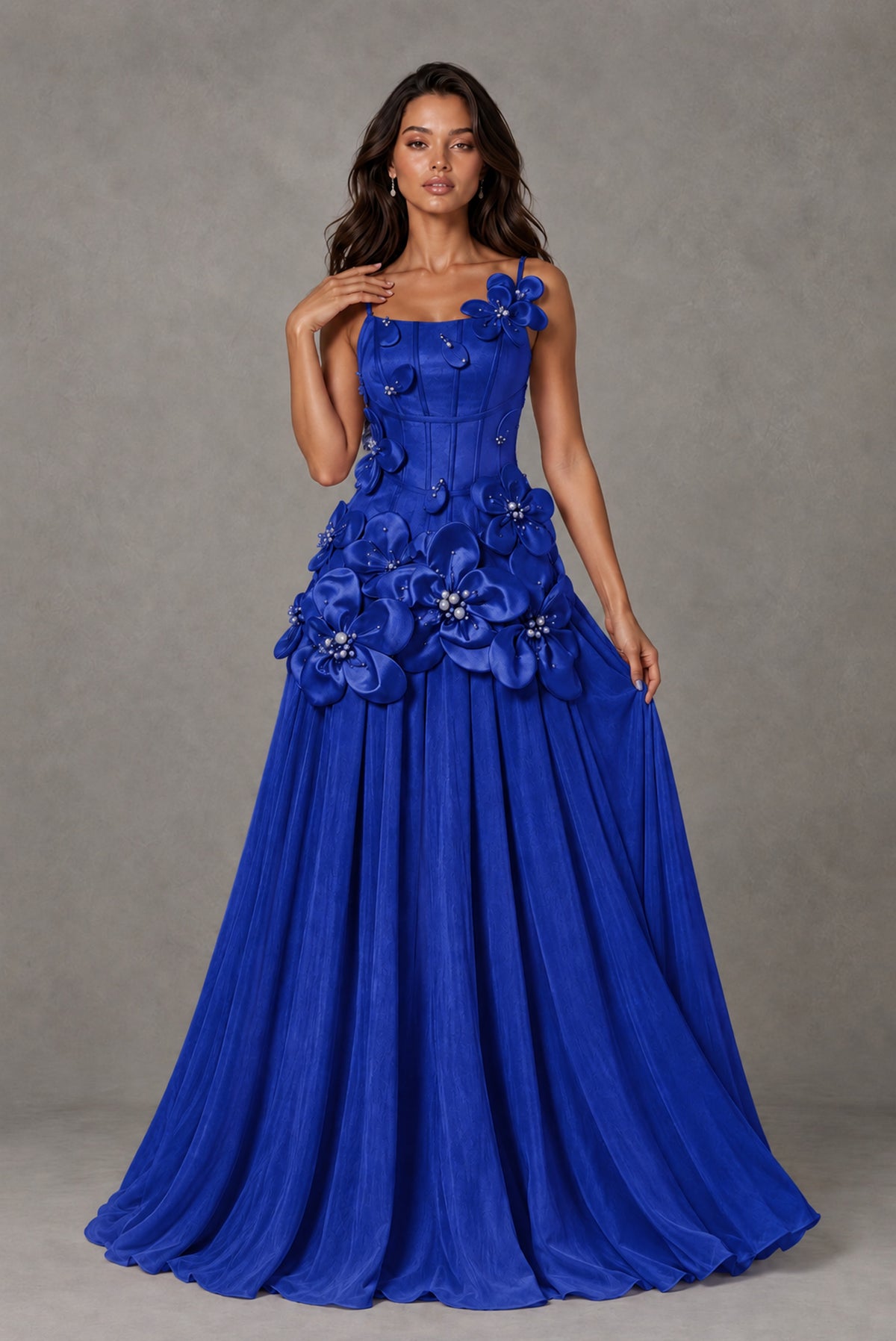BOLODOO Royal Blue 3D Floral Appliqué Floor-Length A-Line Evening Gown - Royal Blue