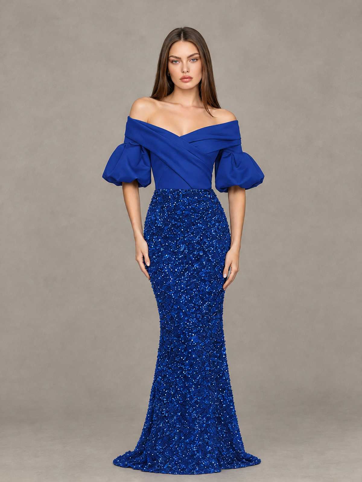 BOLODOO Royal Blue Off-Shoulder Puff Sleeve Sequin Mermaid Evening Dress - Royal Blue - Royal Blue_1