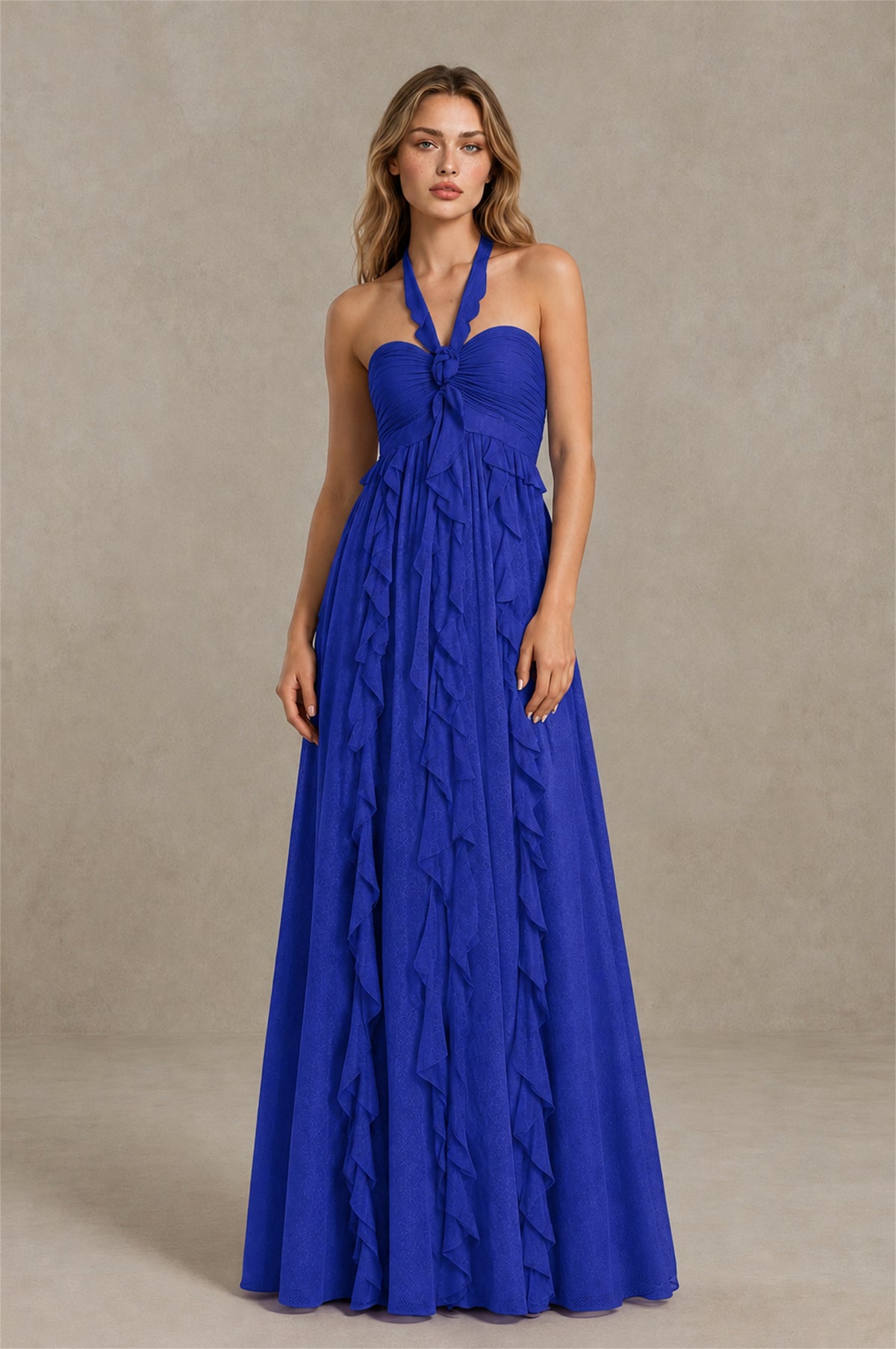BOLODOO Royal Blue Halter Ruffle A-Line Floor-Length Evening Dress - Royal Blue - Royal_Blue_1
