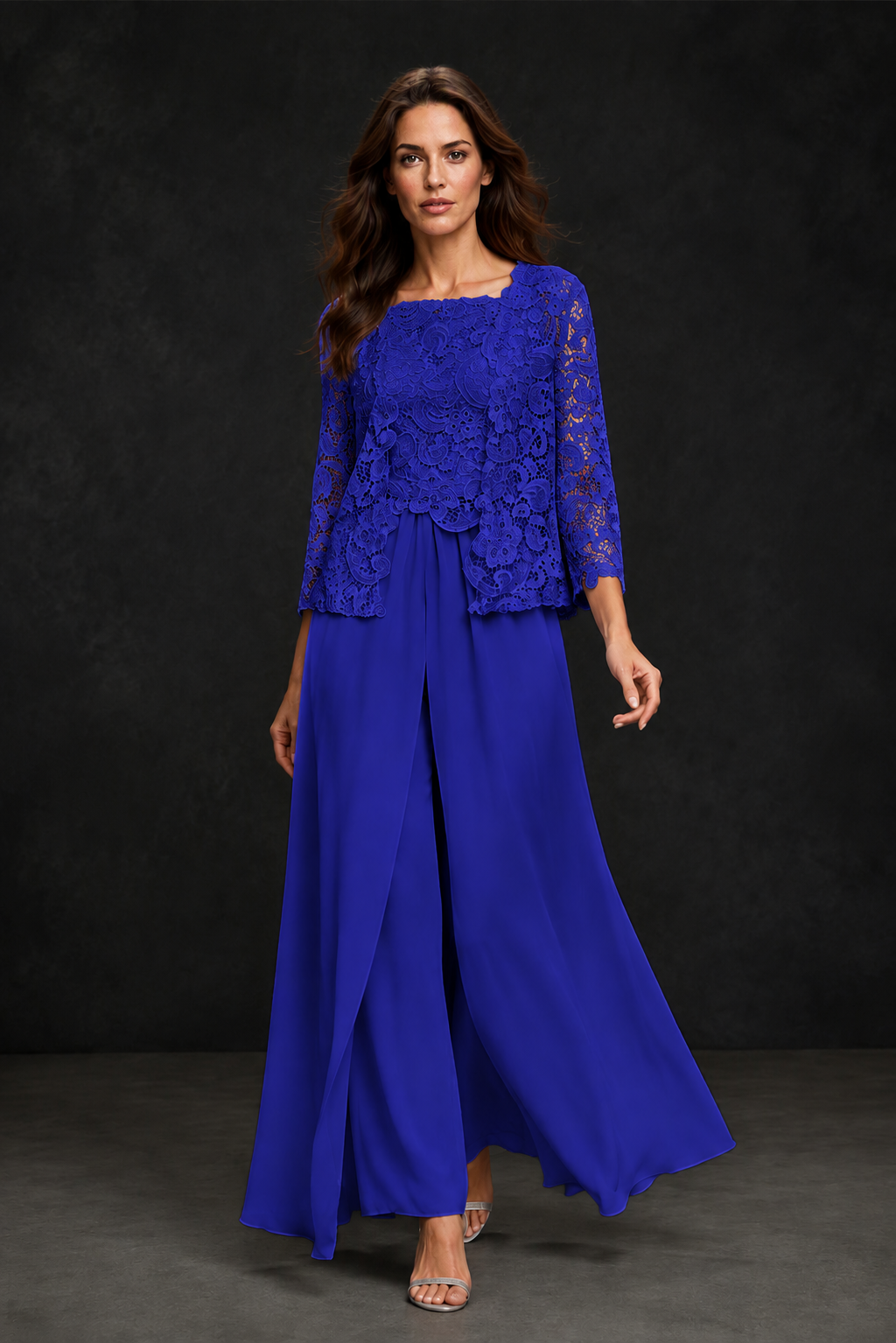 BOLODOO Royal Blue Grey Lace Peplum Top & Wide-Leg Chiffon Pants Set | Mother of the Bride & Formal Evening Outfit - Royal Blue