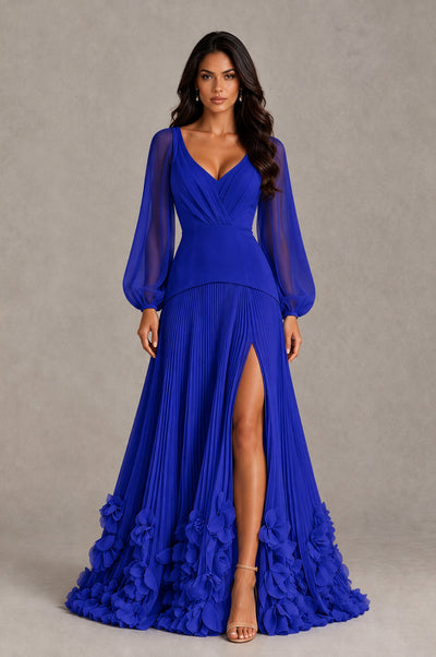 BOLODOO Royal Blue V-Neck Long Sleeve Pleated Floral Hem Evening Dress - Royal Blue - Royal Blue_1