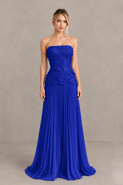 BOLODOO Royal Blue Strapless Floral Applique Pleated Evening Dress - Royal Blue - Royal Blue_1