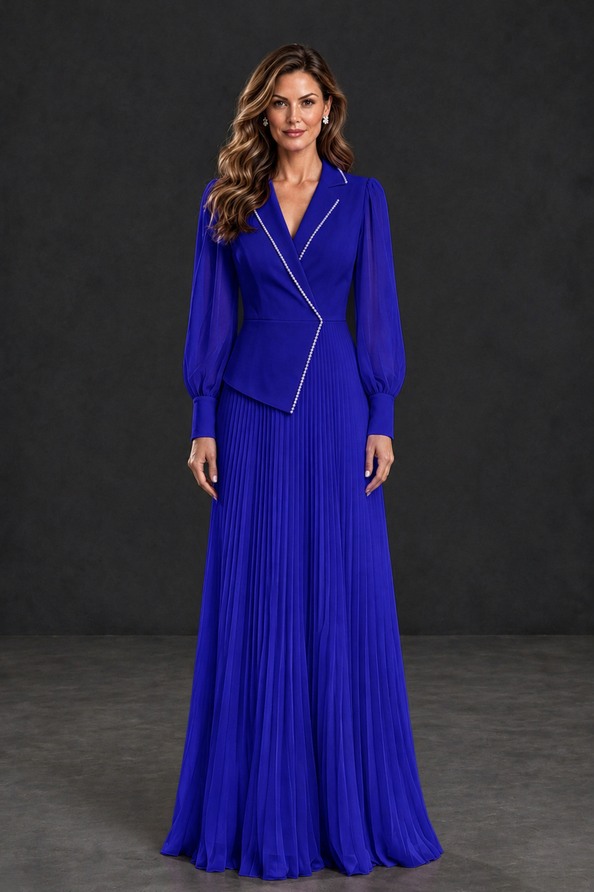 BOLODOO Royal Blue Long Sleeve Pleated Mother of the Bride Dress - Royal Blue - Royal Blue_1