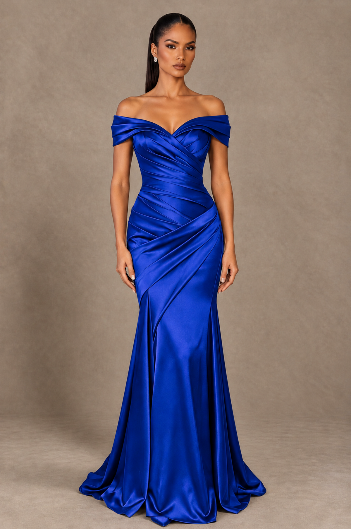 BOLODOO Royal Blue Off-the-Shoulder Ruched Satin Mermaid Evening Dress - Royal Blue - Royal_Blue_1