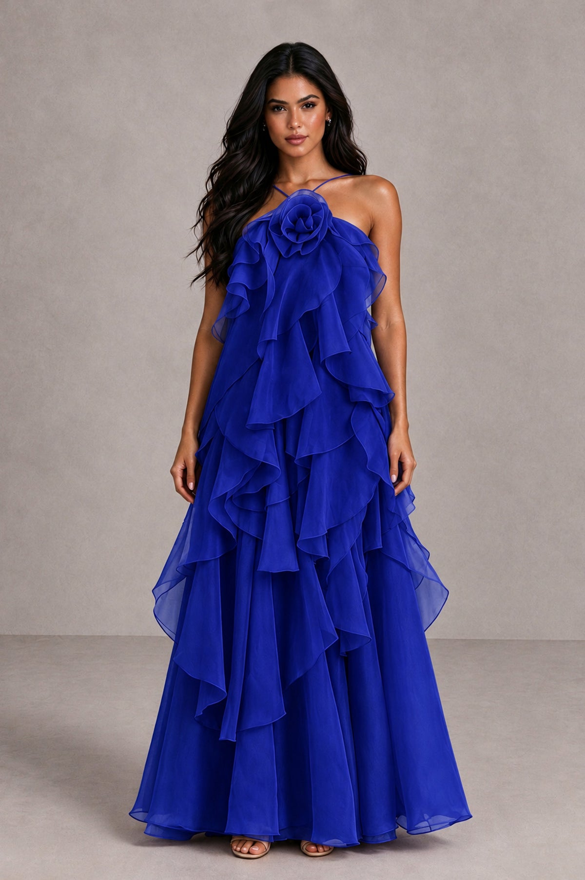 BOLODOO Royal Blue Cascading Ruffle Rosette Open-Back Maxi Dress - Royal Blue - Royal Blue_1