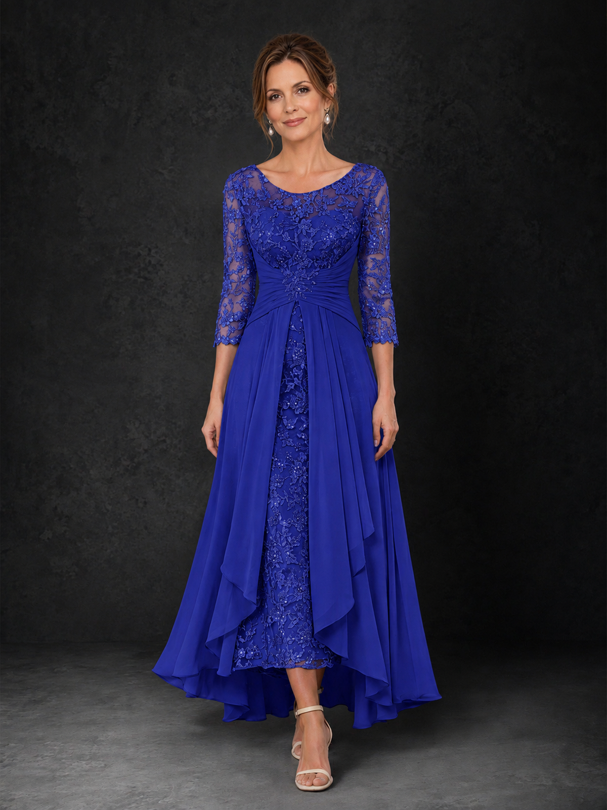 BOLODOO Royal Blue Sequin Lace & Chiffon Tea-Length Mother of the Bride Dress with 3/4 Sleeves - Royal Blue