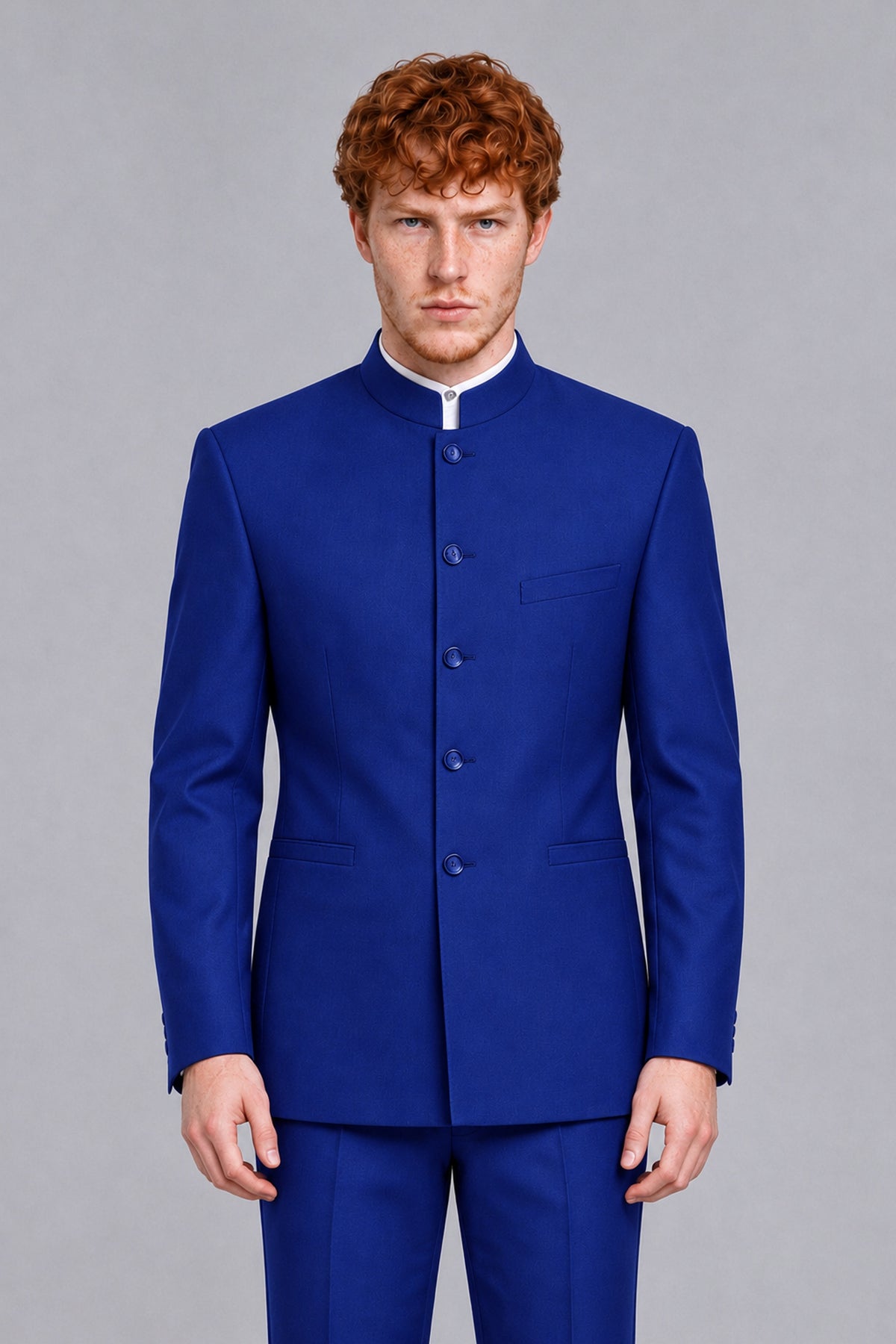 BOLODOO Men's Royal Blue Mandarin Collar Two-Piece Suit - Royal Blue - Royal Blue_1