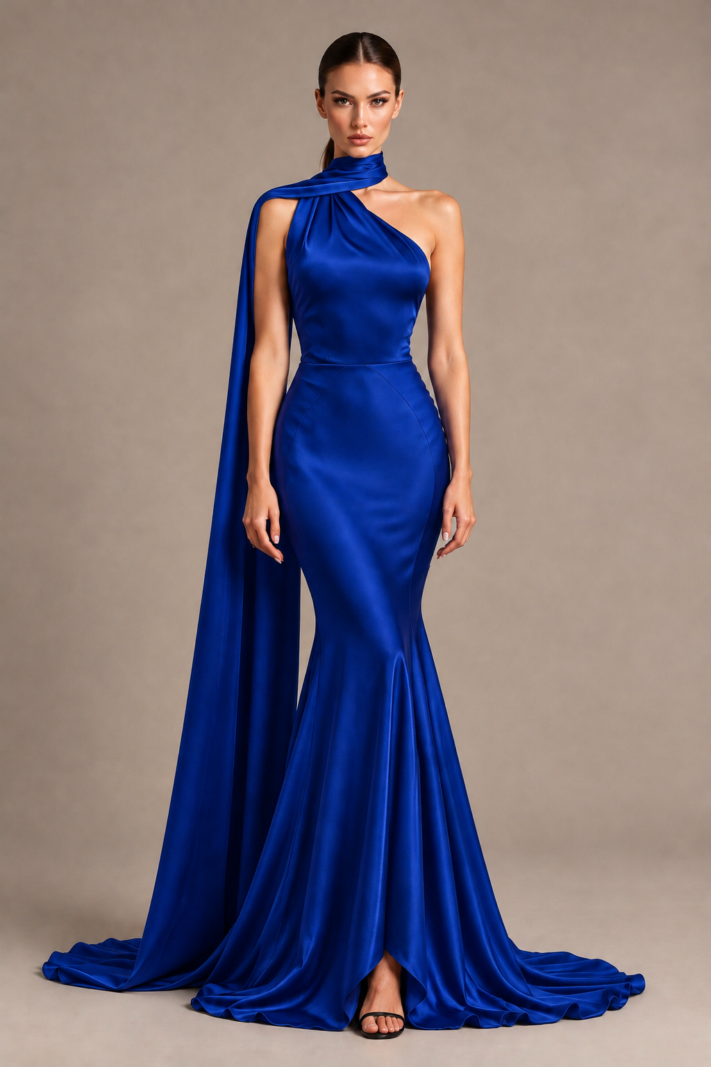 BOLODOO Royal Blue One-Shoulder Satin Mermaid Evening Dress with Scarf - Royal Blue - Royal Blue_1