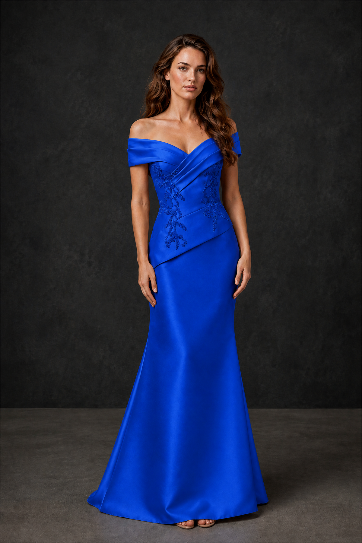 BOLODOO Royal Blue Satin Off-Shoulder Sweetheart Asymmetric Peplum Mermaid Gown with Royal Blue Floral Embroidery | MOB Evening Dress - Royal Blue