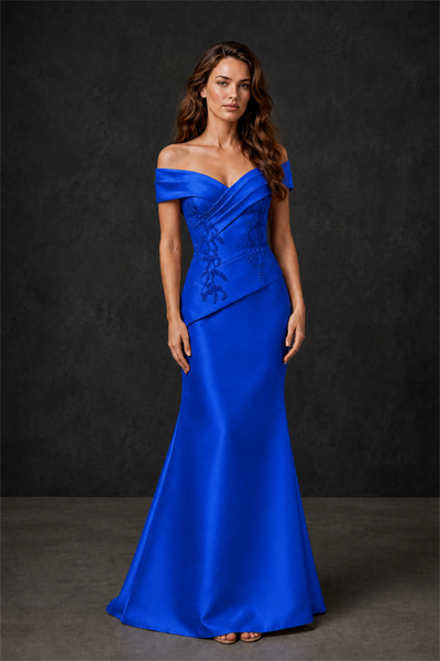 BOLODOO Royal Blue Satin Off-Shoulder Sweetheart Asymmetric Peplum Mermaid Gown with Royal Blue Floral Embroidery | MOB Evening Dress - Royal Blue