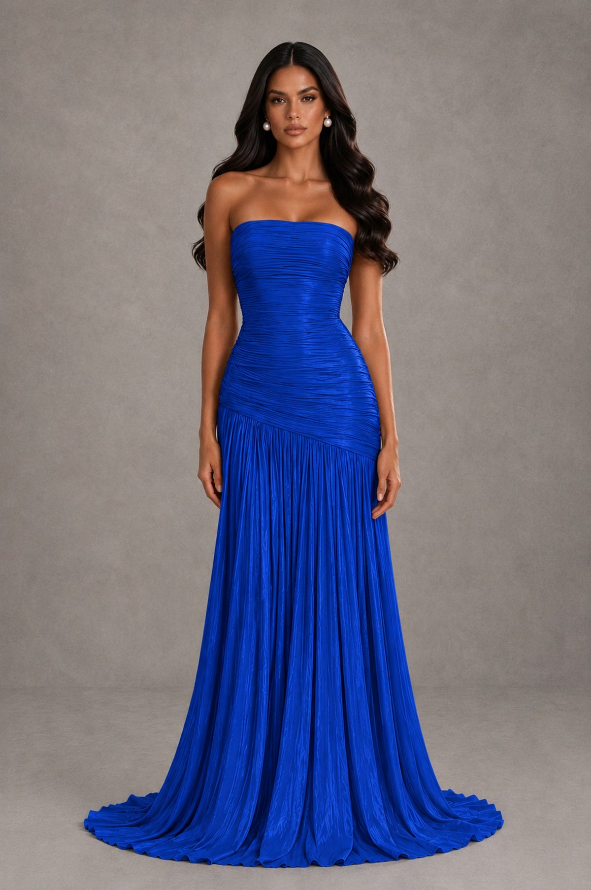 BOLODOO Royal Blue Metallic Ruched Strapless Pleated A-Line Backless Maxi Dress with Train - Royal Blue - Royal Blue_1