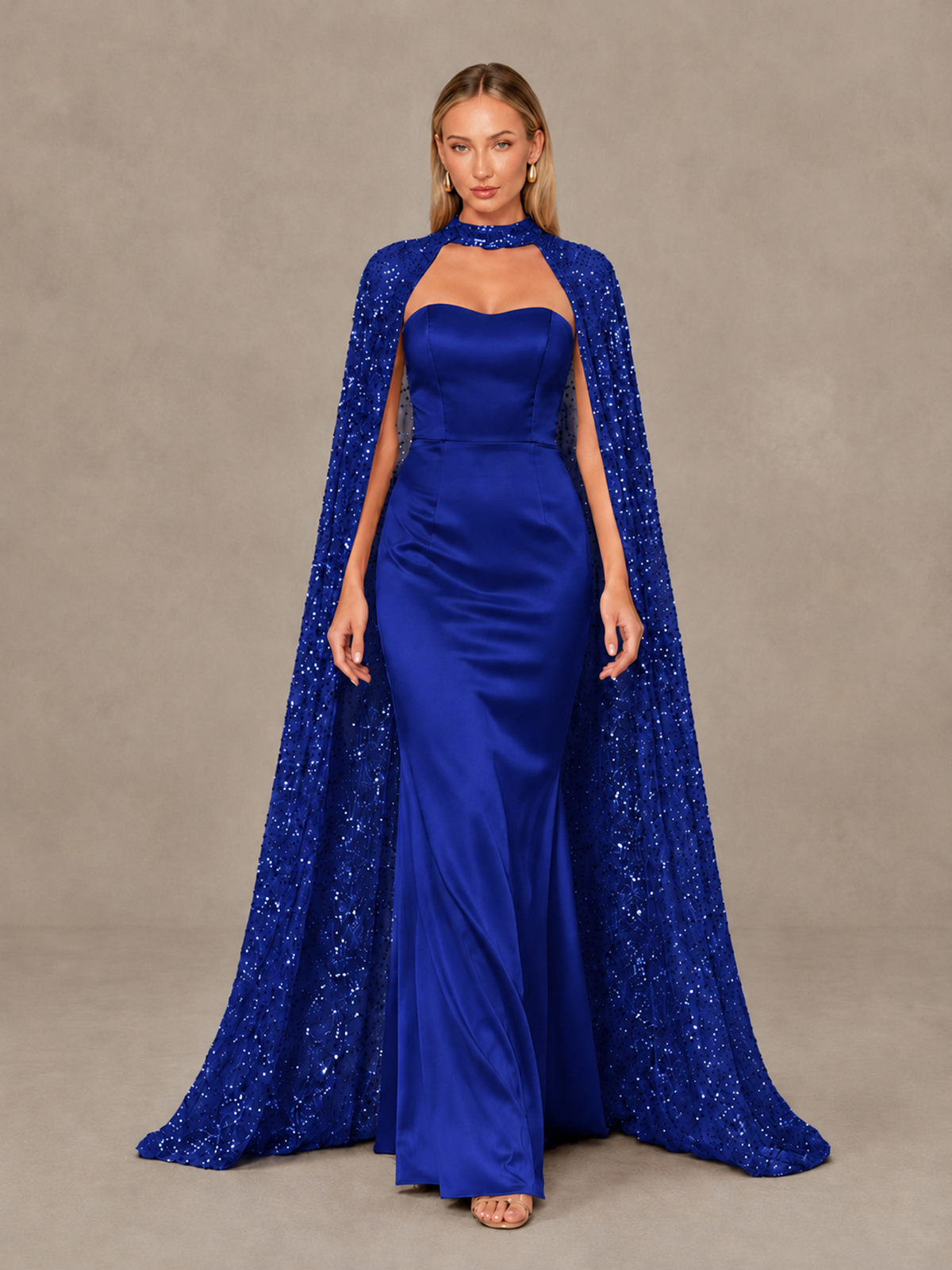 BOLODOO Royal Blue Strapless Satin-Look Evening Gown with Sequin Cape - Royal Blue - Royal_Blue_1