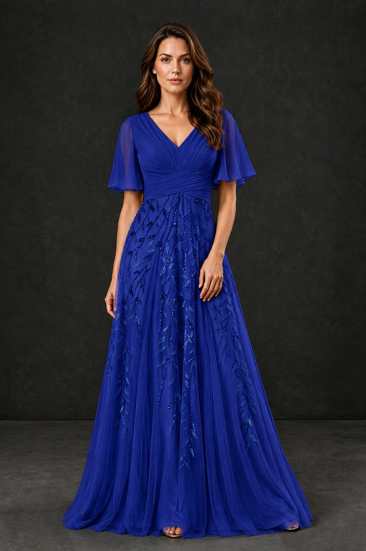 BOLODOO Royal Blue V-Neck Flutter Sleeve Beaded Botanical Tulle A-Line Gown | Mother of the Bride Evening Dress - Royal Blue - Royal Blue_1