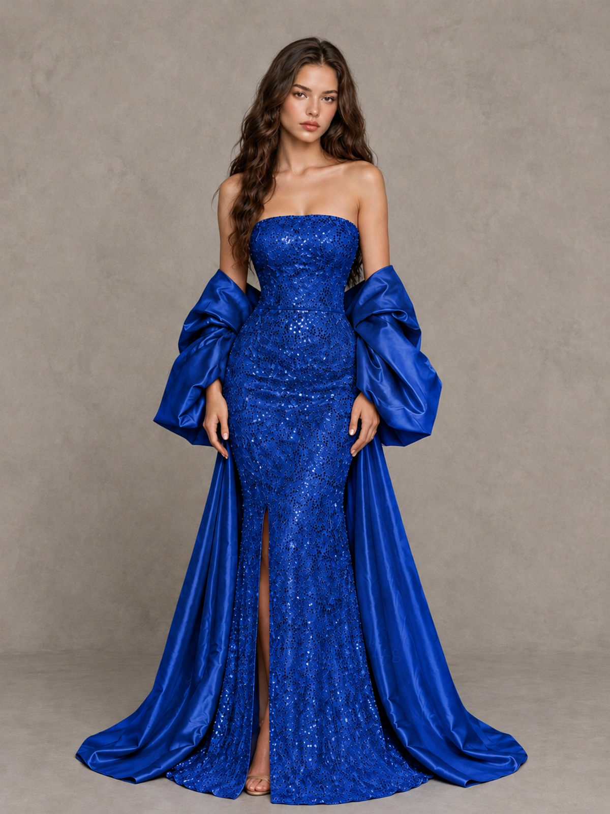 BOLODOO Royal Blue Strapless Sparkle Mermaid Prom Dress with Front Slit and Draped Sleeves - Royal Blue - Royal Blue_1