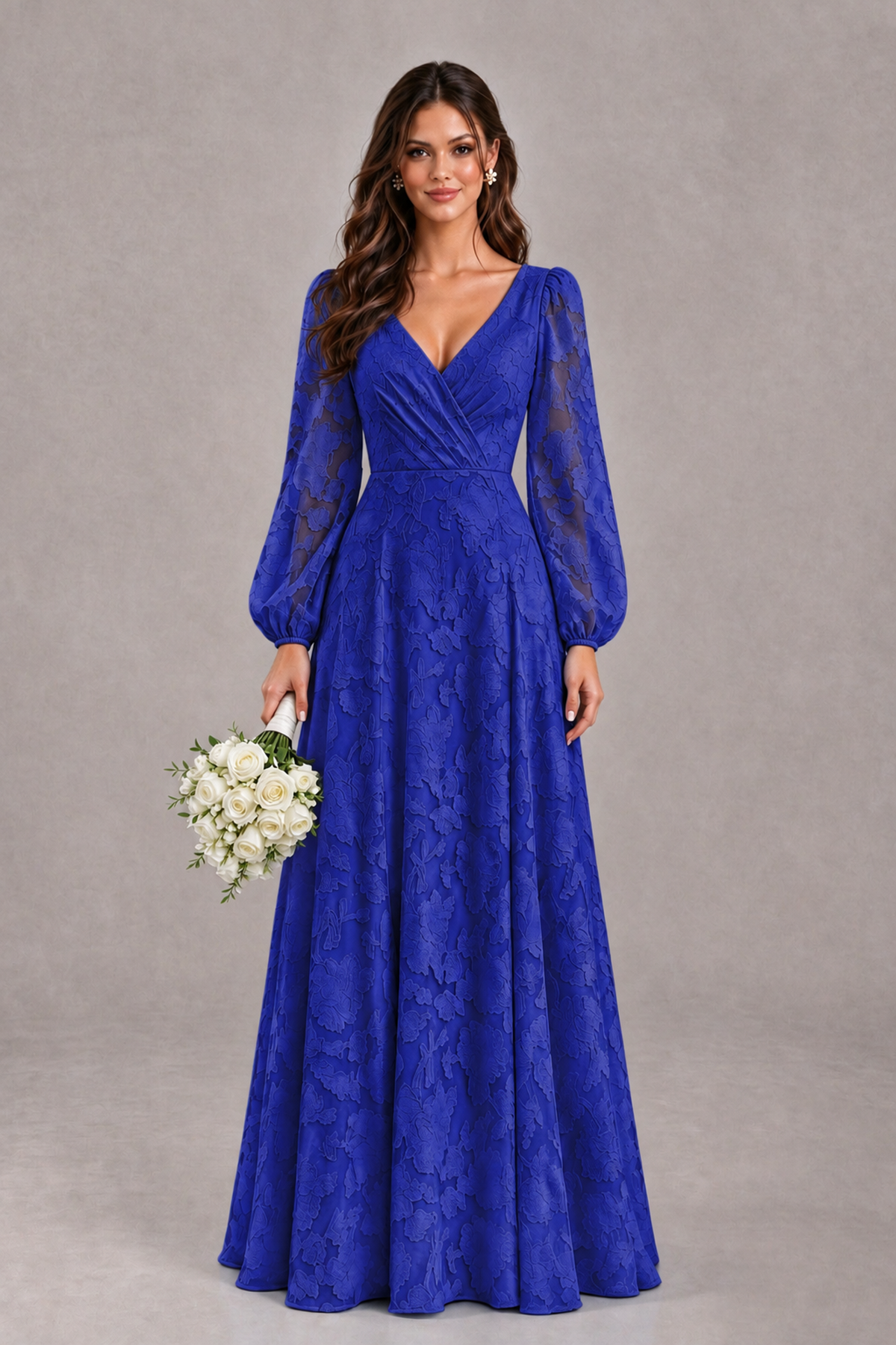 BOLODOO Royal Blue Long Sleeve V-Neck A-Line Mother of the Bride Dress - Royal Blue - Royal Blue_1
