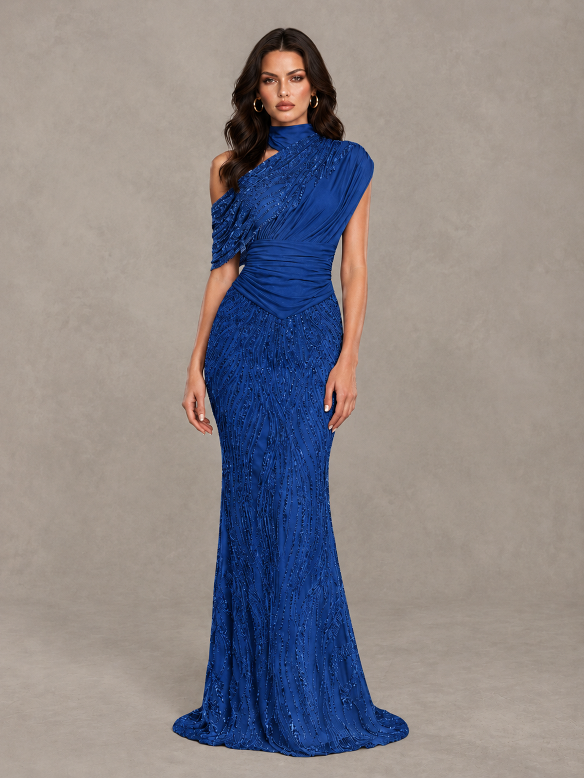 BOLODOO Royal Blue High Neck Draped Sequin Mermaid Evening Gown - Royal Blue - Royal Blue_1