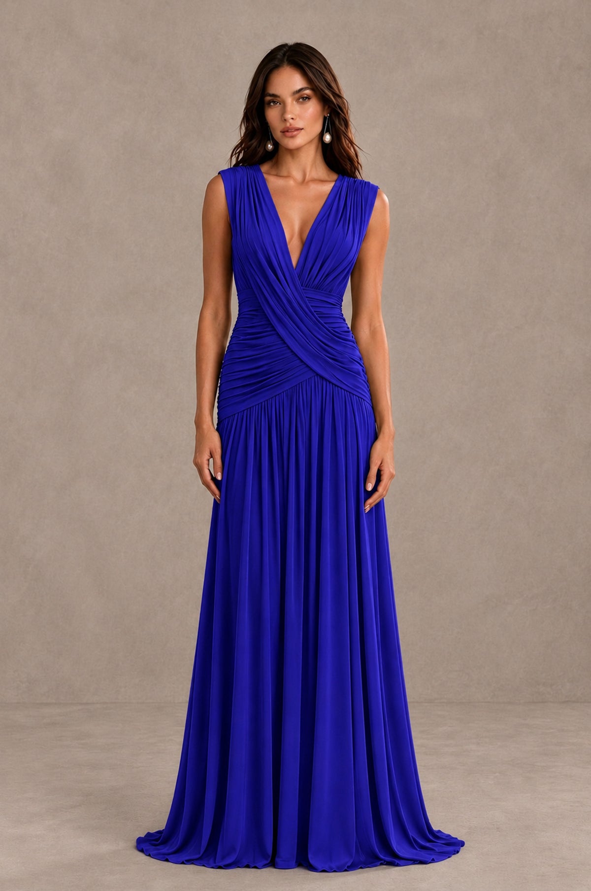 BOLODOO Royal Blue V-Neck Ruched Wedding Guest Dress - Royal Blue - Royal Blue_1