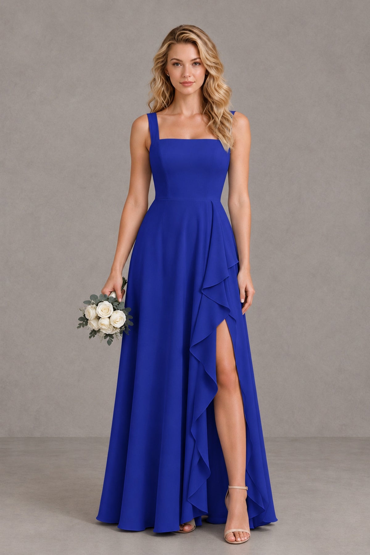 BOLODOO Royal Blue Square Neck Ruffle A-Line Bridesmaid Dress with Slit - Royal Blue - Royal Blue_1