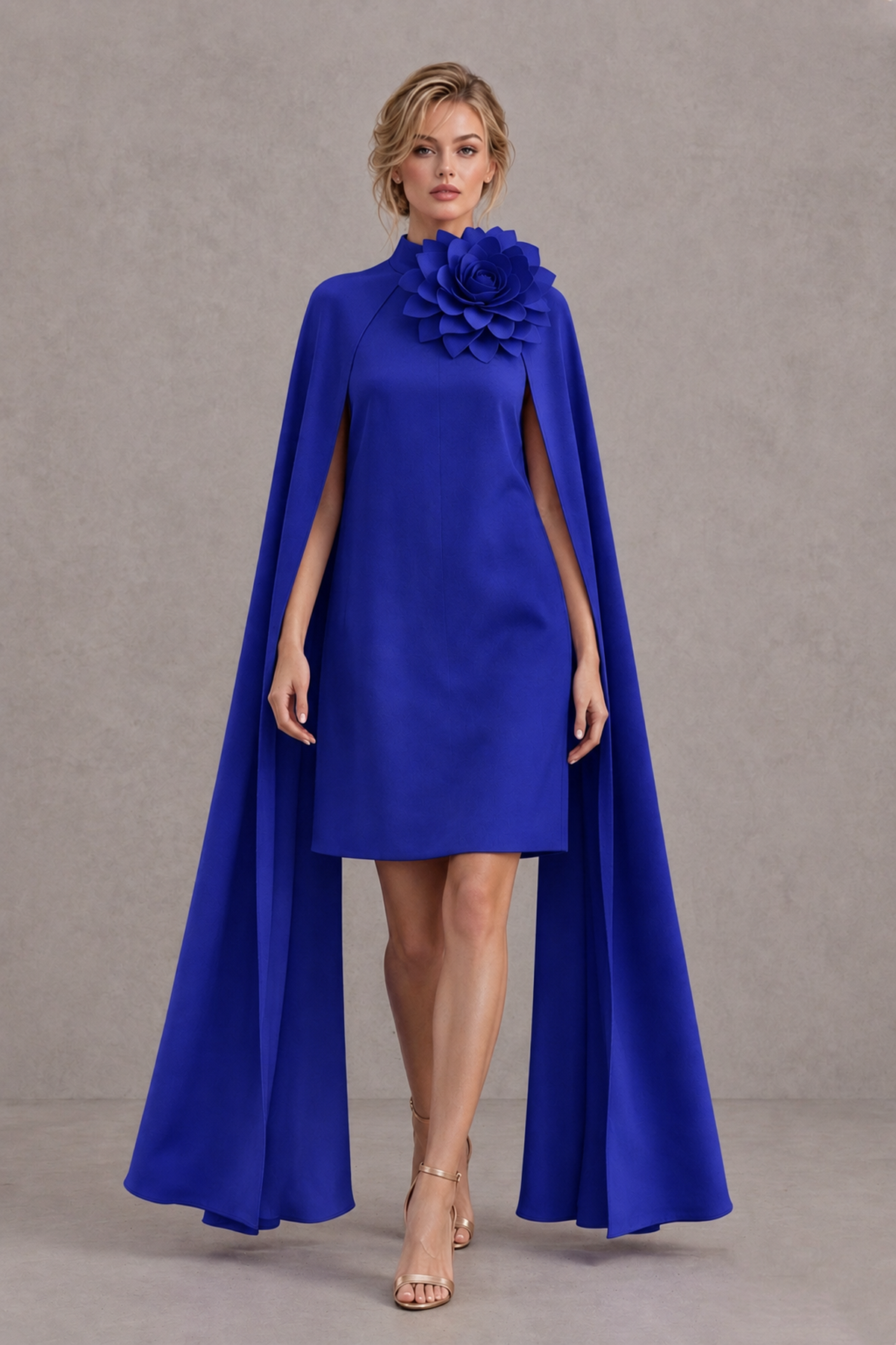 BOLODOO Royal Blue High Neck Floral Cape Mini Cocktail Dress - Royal Blue - Royal Blue_1
