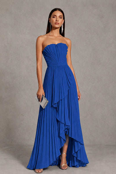 Royal Blue Strapless Pleated High-Low Evening Gown with Ruffle Hem - Royal Blue