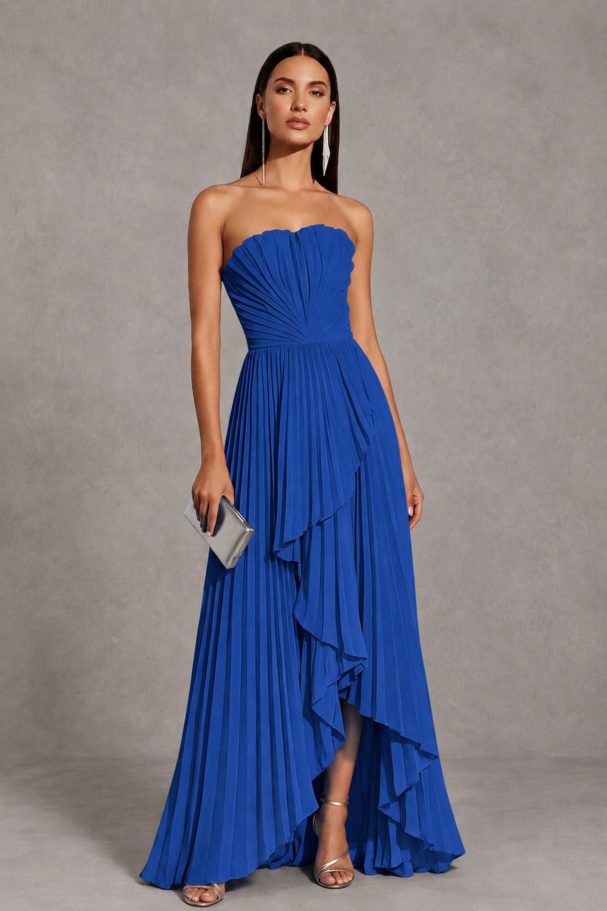 Royal Blue Strapless Pleated High-Low Evening Gown with Ruffle Hem - Royal Blue