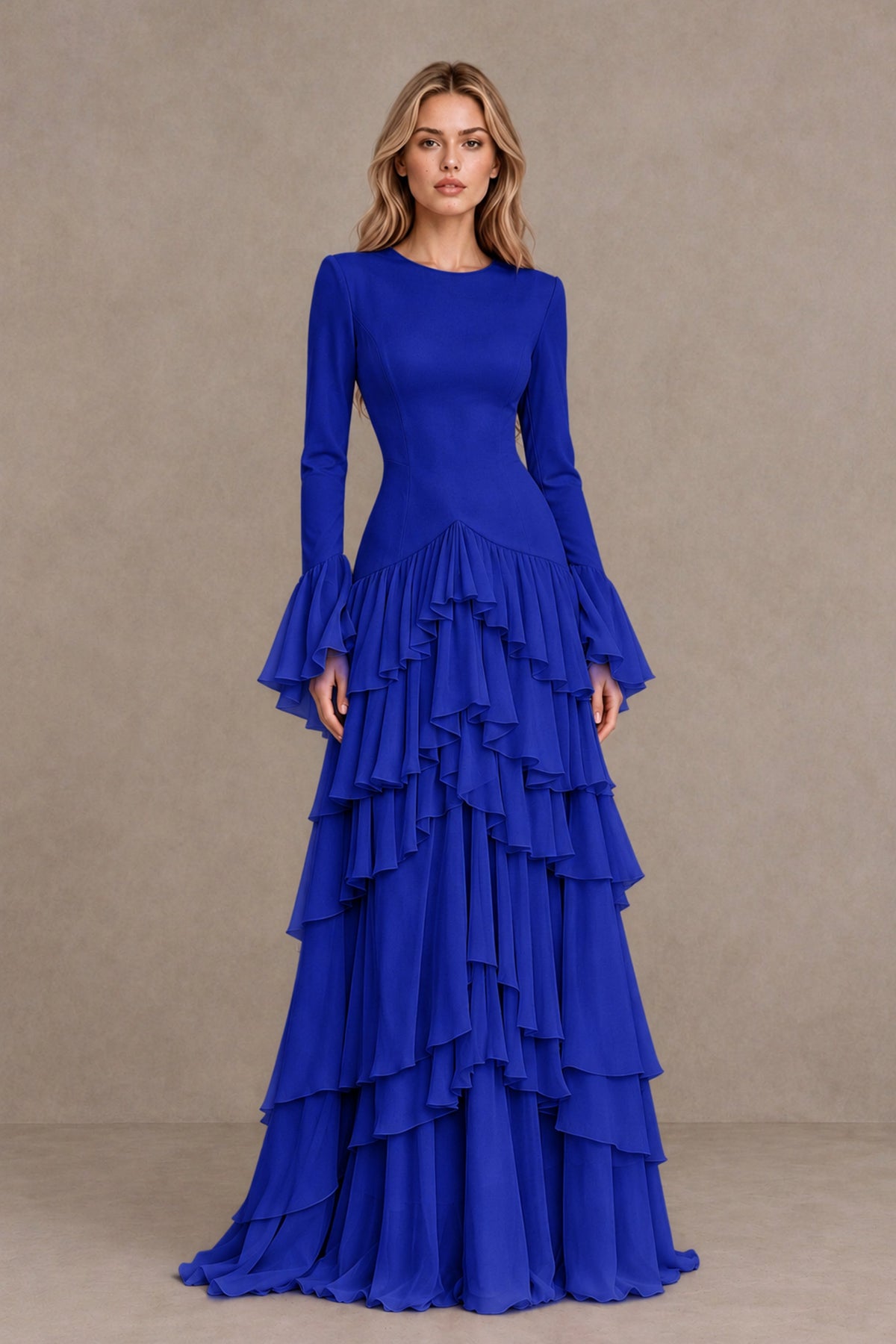 Royal Blue Long Sleeve Tiered Ruffle Evening Gown - Royal Blue - Royal Blue_1