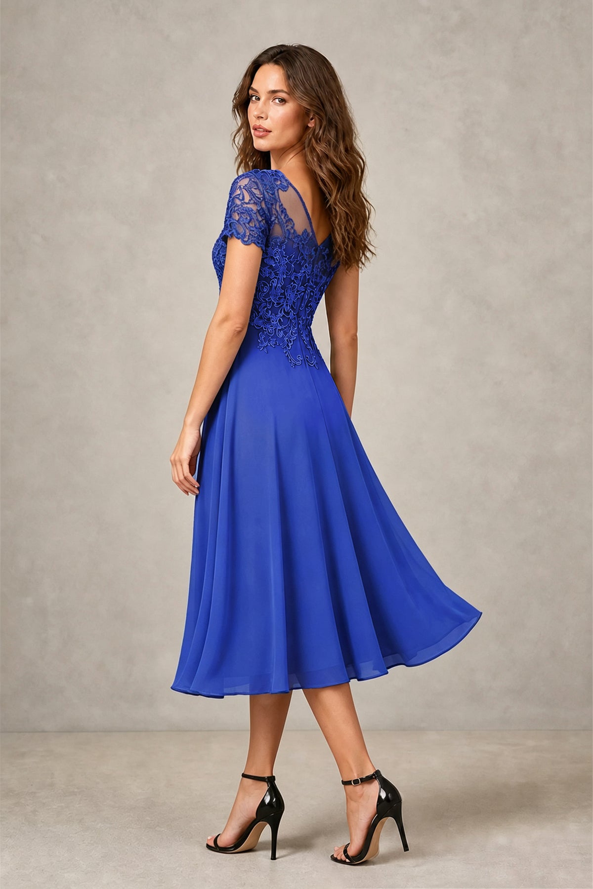 BOLODOO Steel Royal Blue Beaded Lace Illusion Bodice Chiffon Tea-Length Dress | Mother of the Bride & Cocktail Party - Royal Blue
