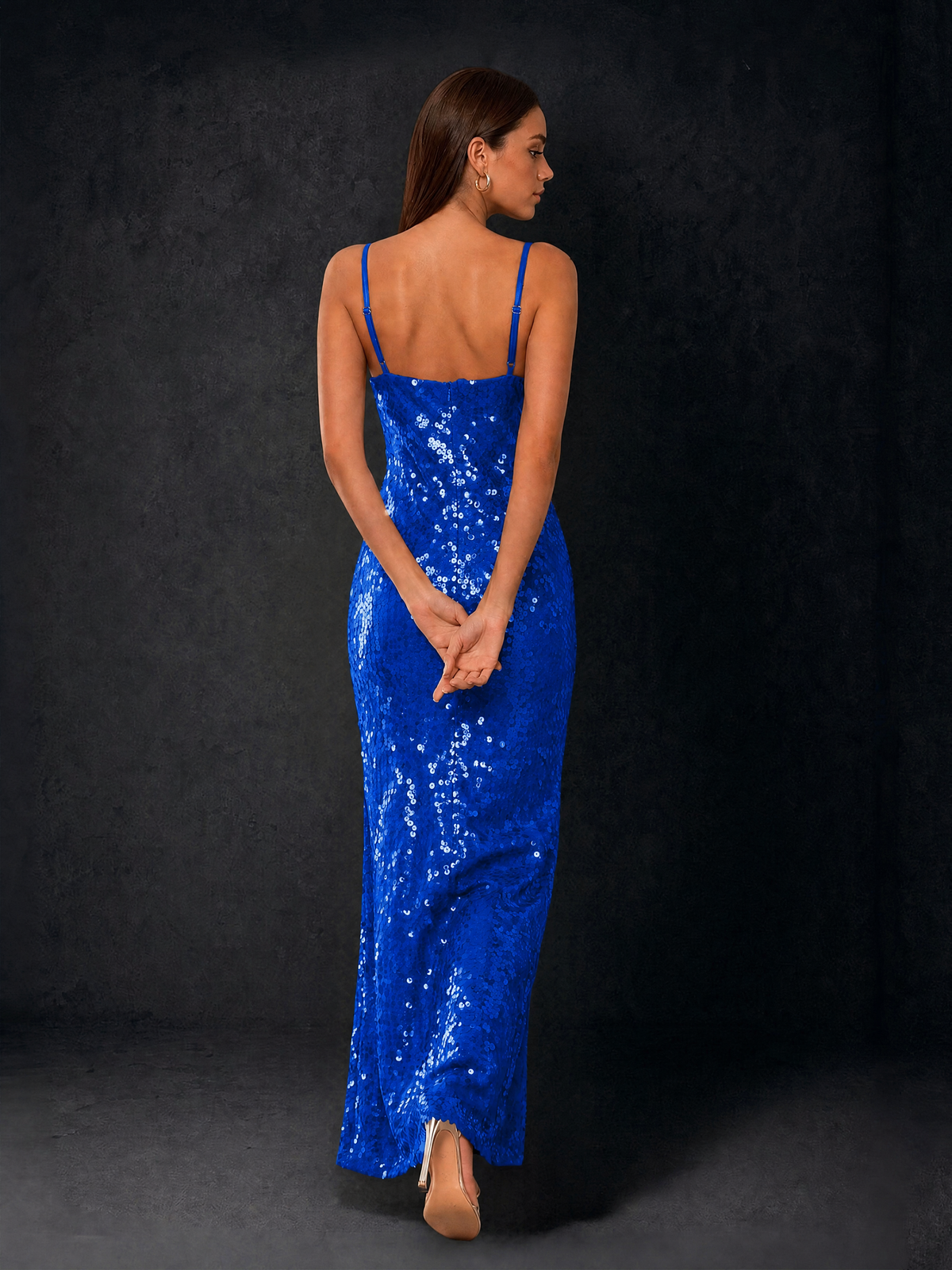 BOLODOO Bronze Sequin Cowl Neck Spaghetti Strap Mermaid Maxi Dress with Open Criss-Cross Back - Royal Blue - Royal Blue
