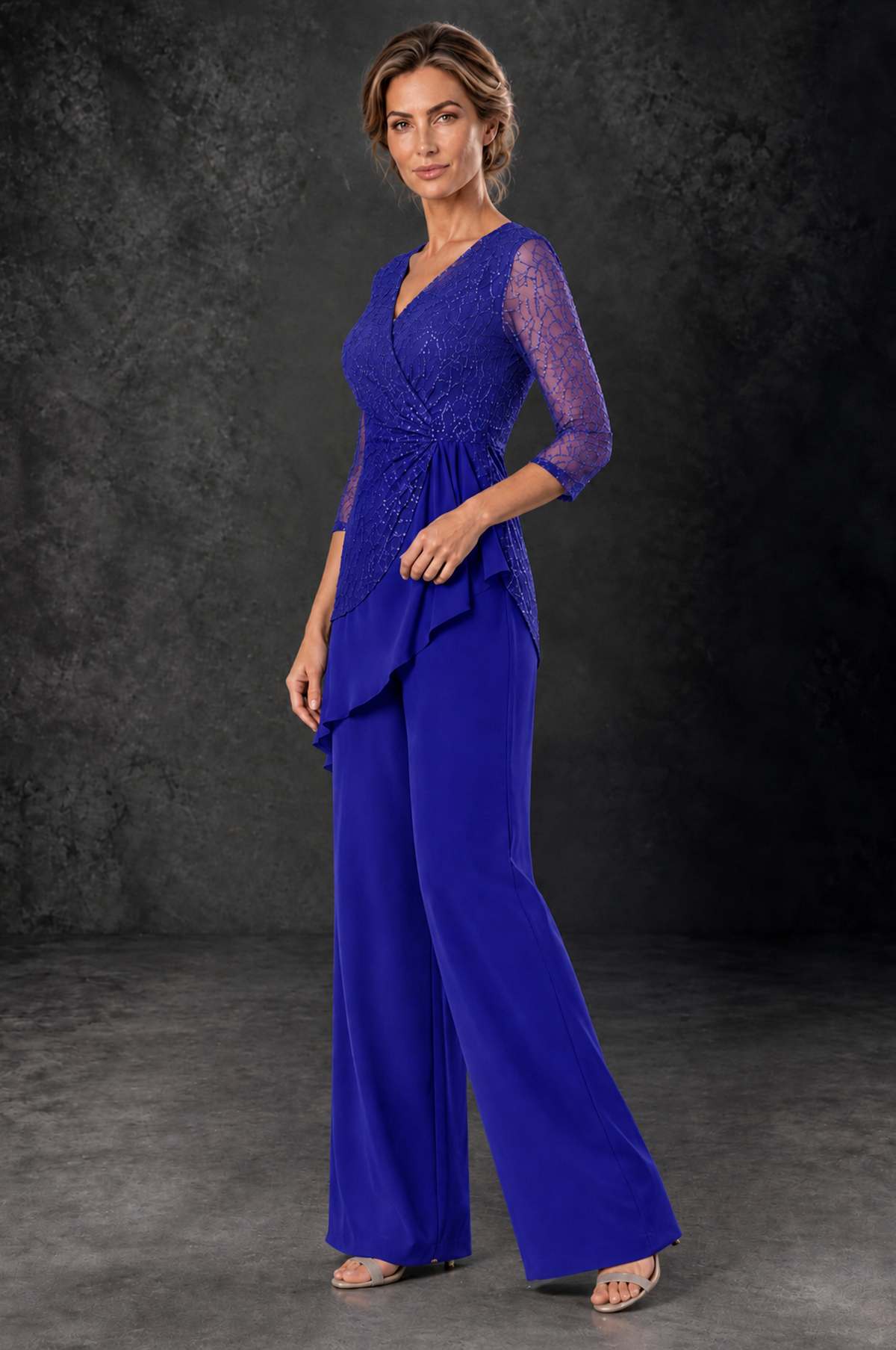 BOLODOO Royal Blue Sequin Lace 3/4 Sleeve Chiffon Mother of the Bride Pant Suit - Royal Blue - Royal_Blue_2