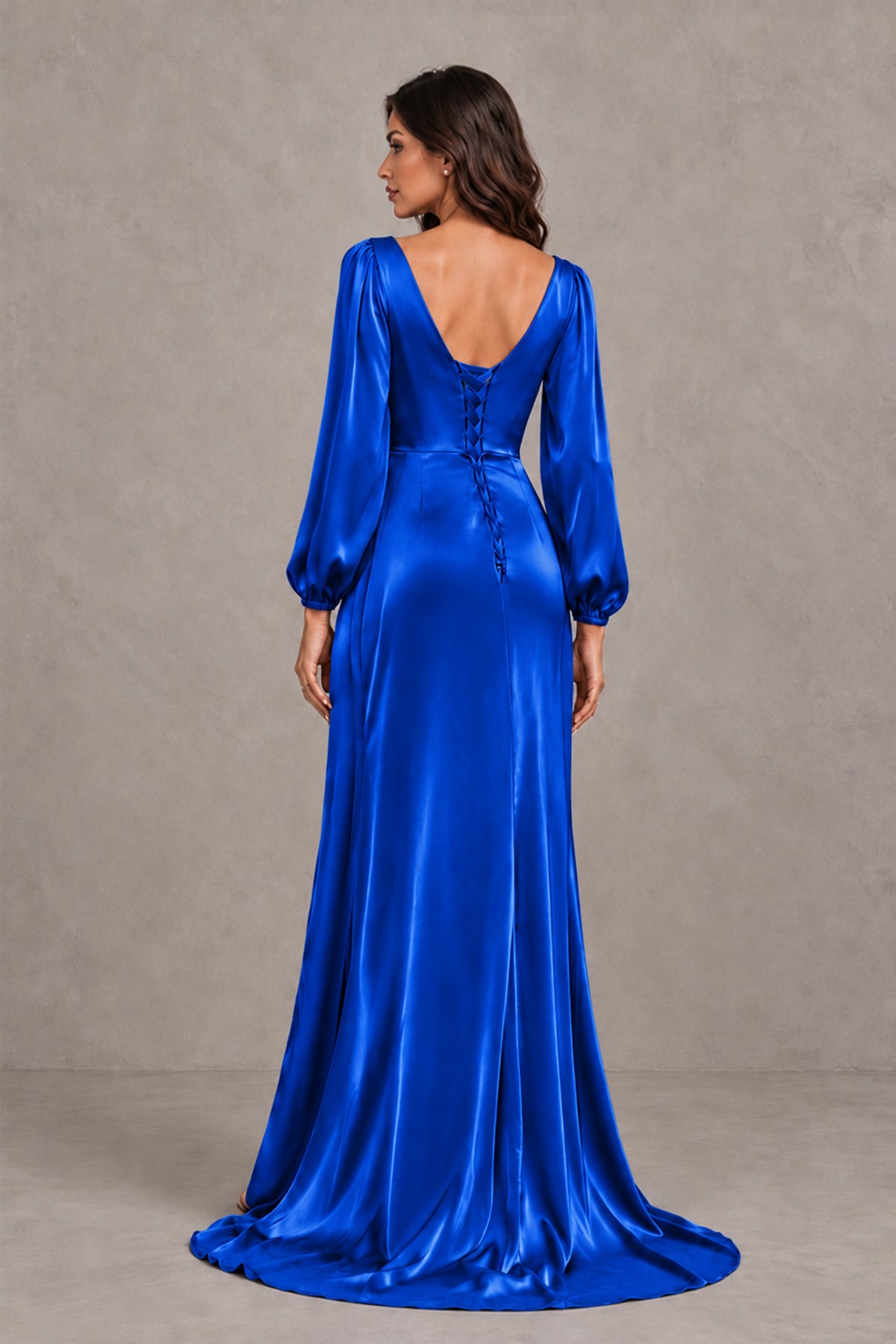 BOLODOO Royal Blue Satin-Look Long Sleeve Evening Dress with High Slit - Royal Blue - Royal Blue_2