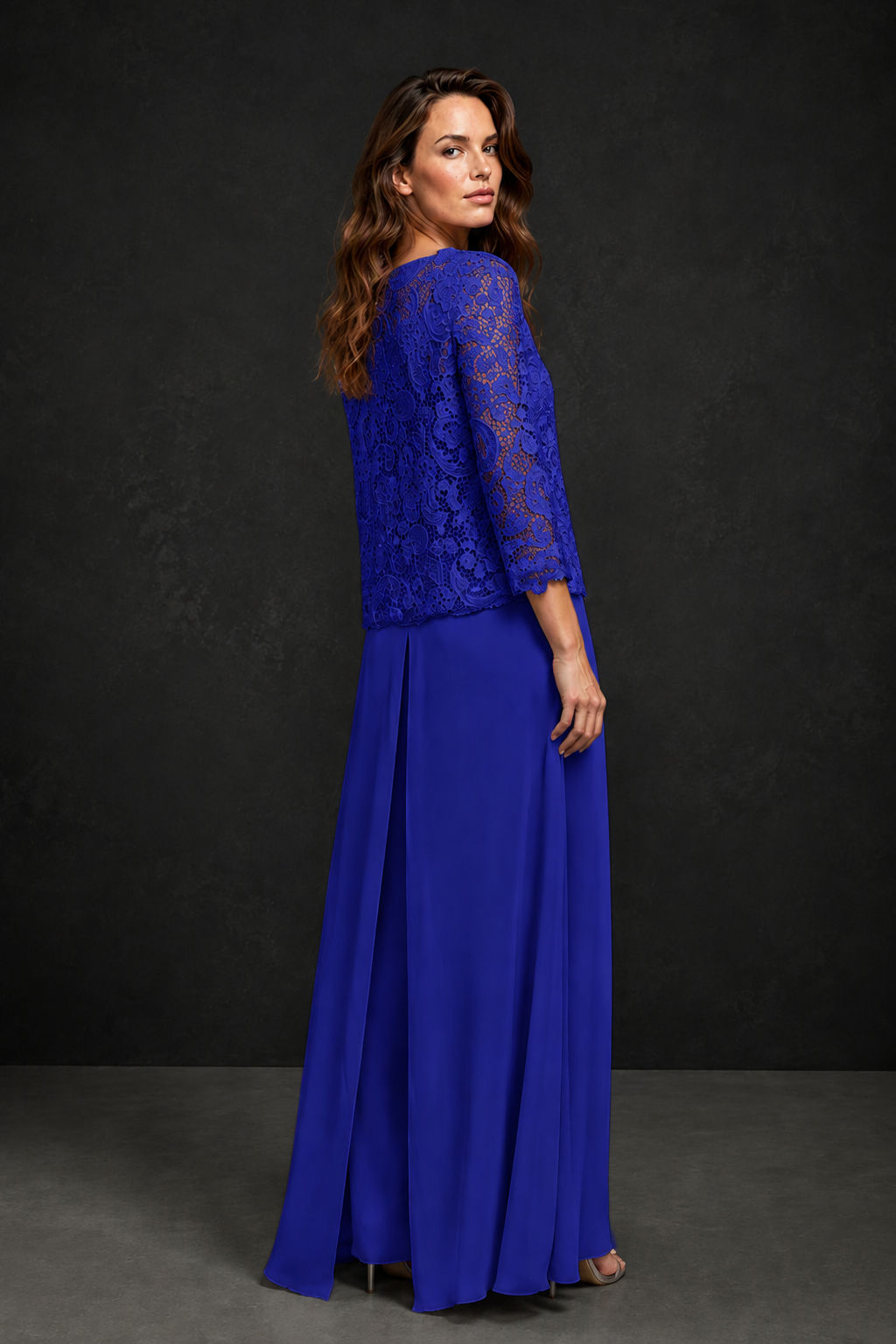 BOLODOO Royal Blue Grey Lace Peplum Top & Wide-Leg Chiffon Pants Set | Mother of the Bride & Formal Evening Outfit - Royal Blue