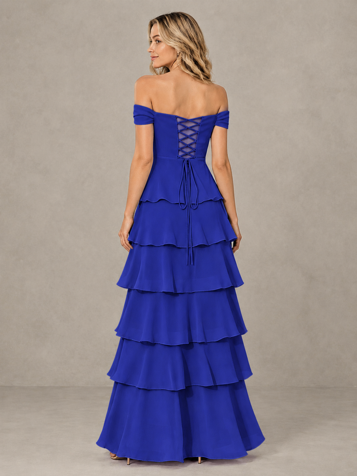 BOLODOO Royal Blue Off-Shoulder Tiered Ruffle Bridesmaid Dress with Lace-Up Back - Royal Blue - Royal Blue_2
