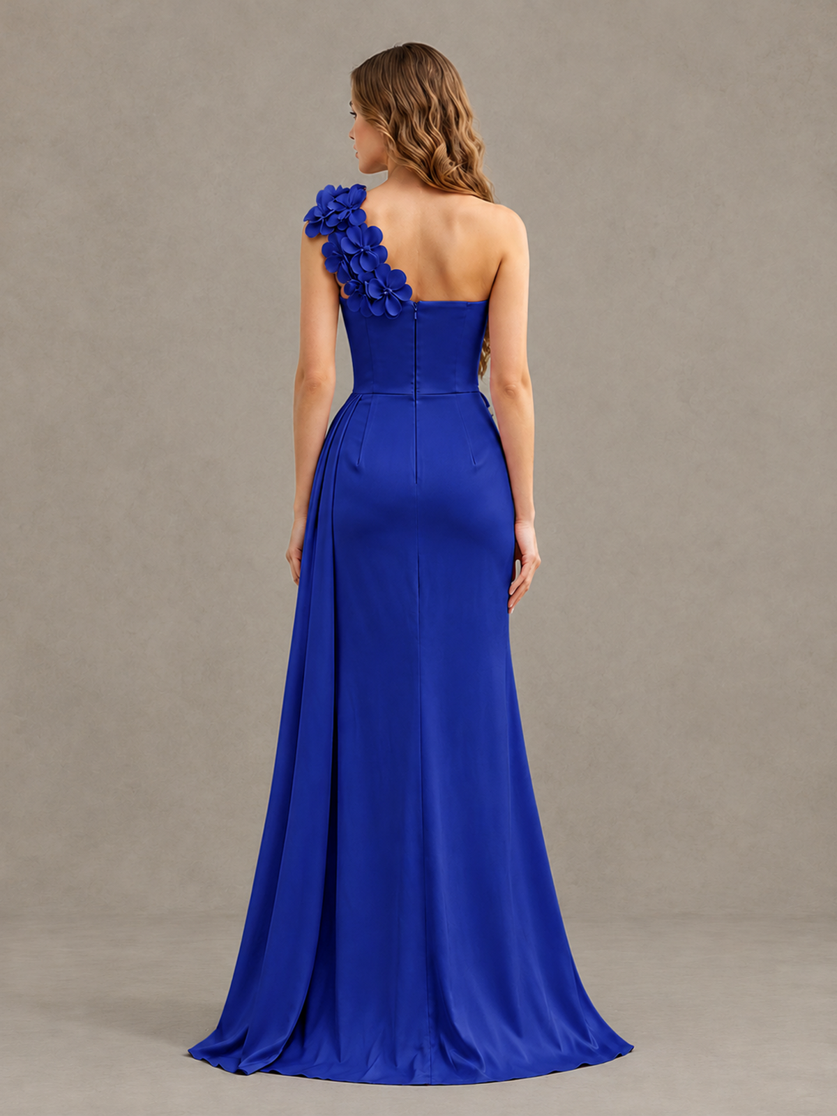 BOLODOO Royal Blue One-Shoulder Satin Mermaid Evening Gown with 3D Floral Appliqué - Royal Blue - Royal Blue_2