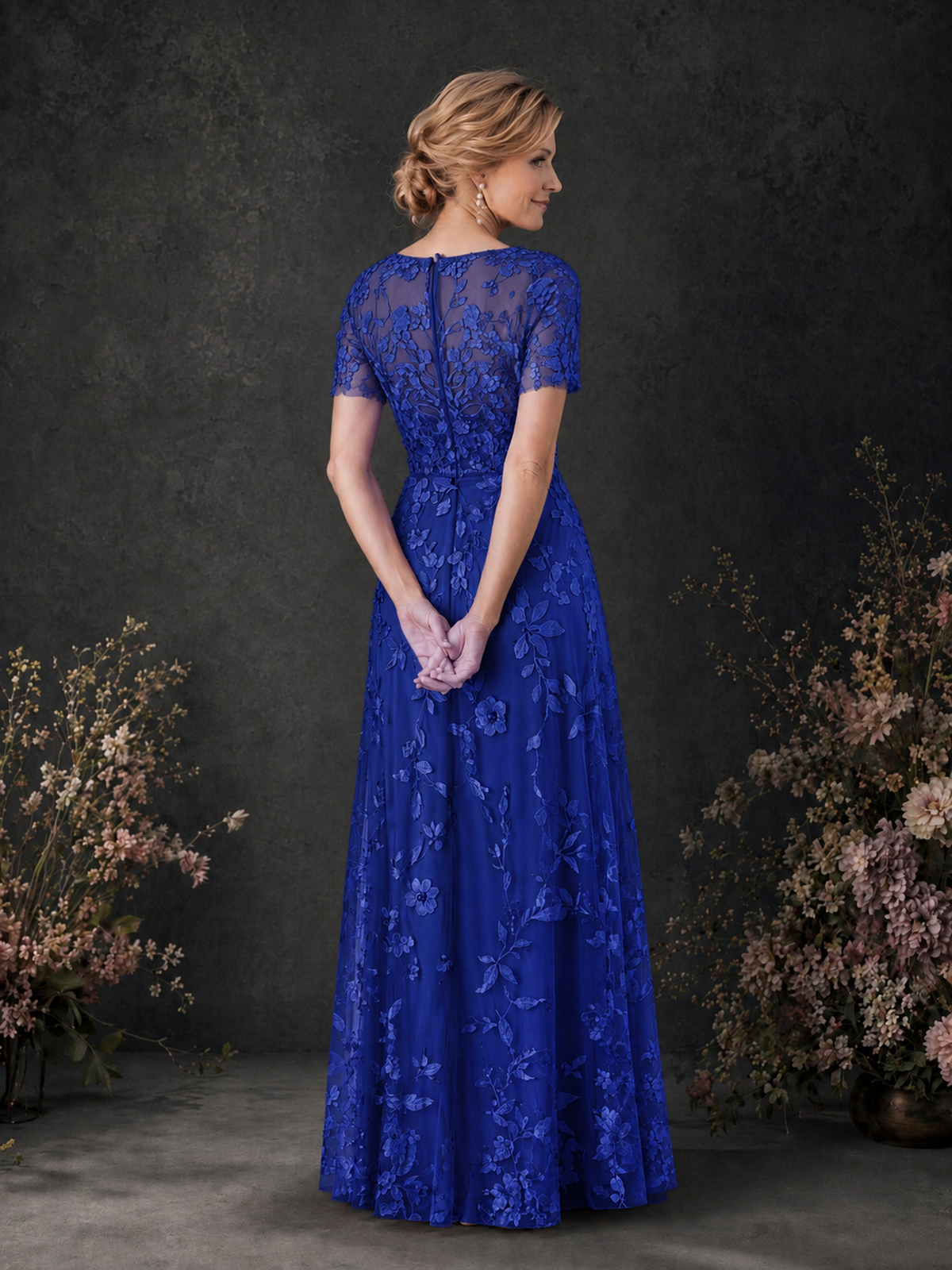 BOLODOO Royal Blue 3D Floral Embroidered Lace V-Neck Short Sleeve A-Line Maxi Dress - Royal Blue
