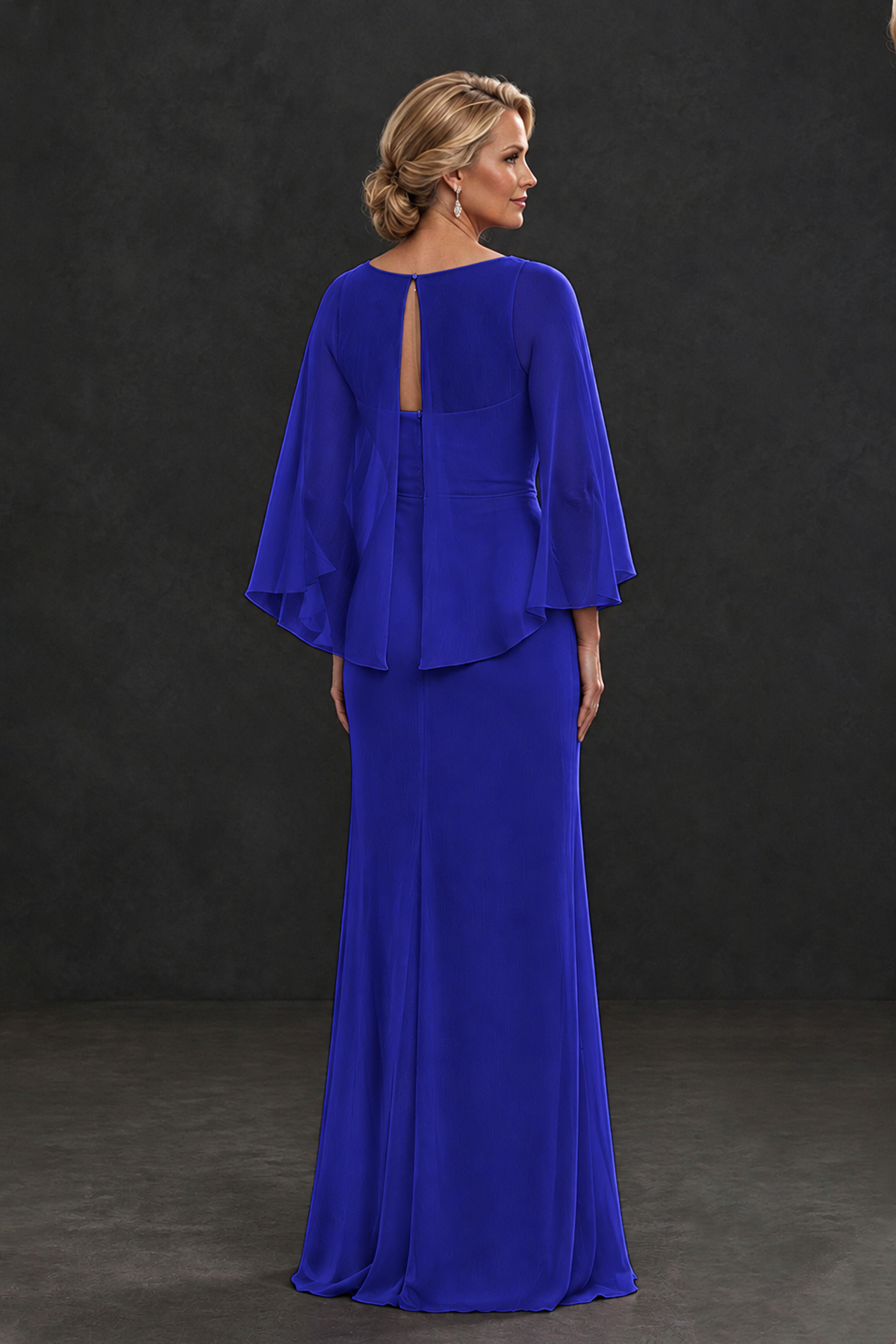 BOLODOO Royal Blue Cape Sleeve Mother of the Bride Dress with Ruched Waist - Royal Blue - Royal Blue_2
