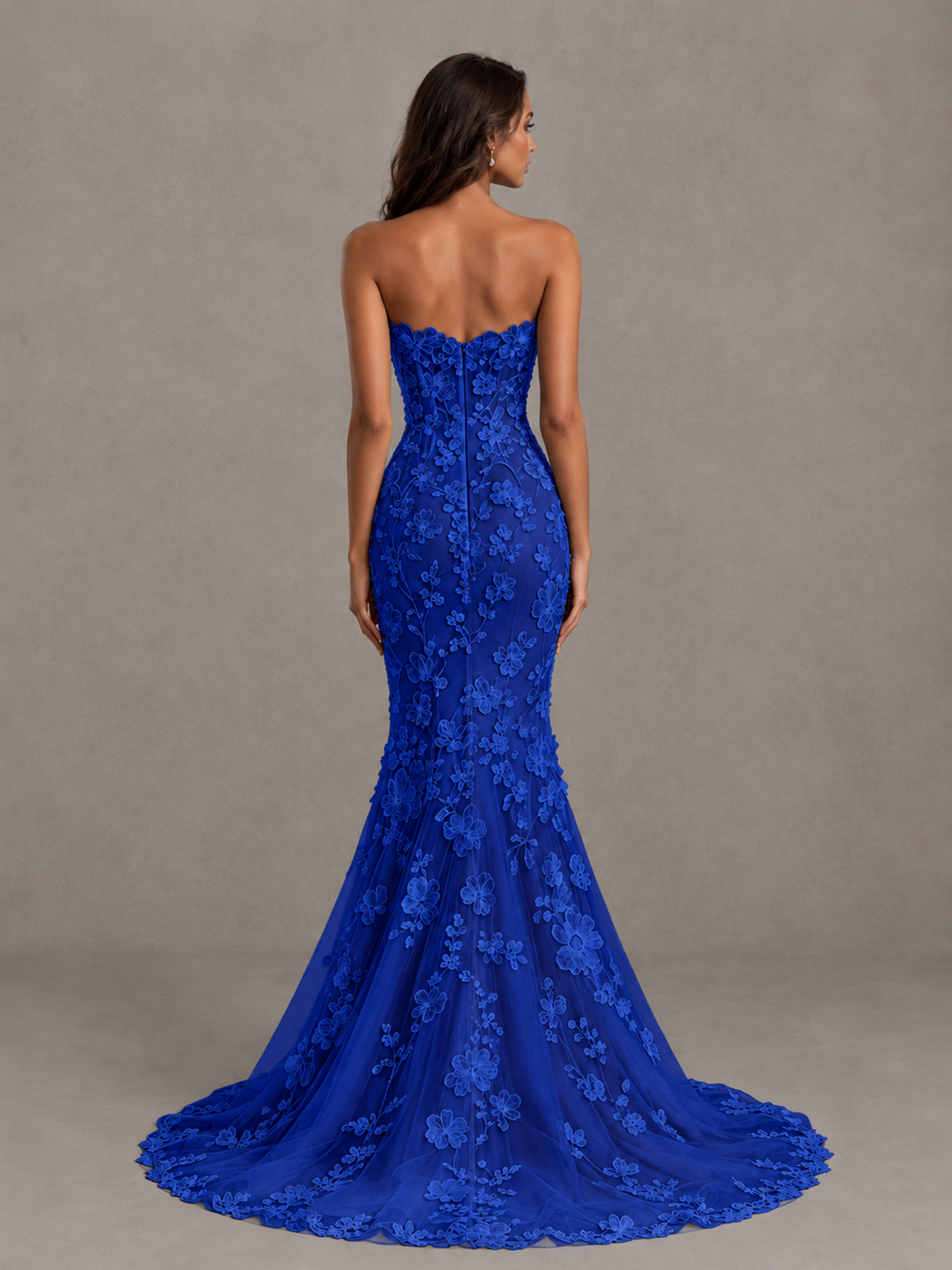 BOLODOO Royal Blue Strapless 3D Floral Lace Mermaid Prom Dress with Train - Royal Blue - Royal Blue_2